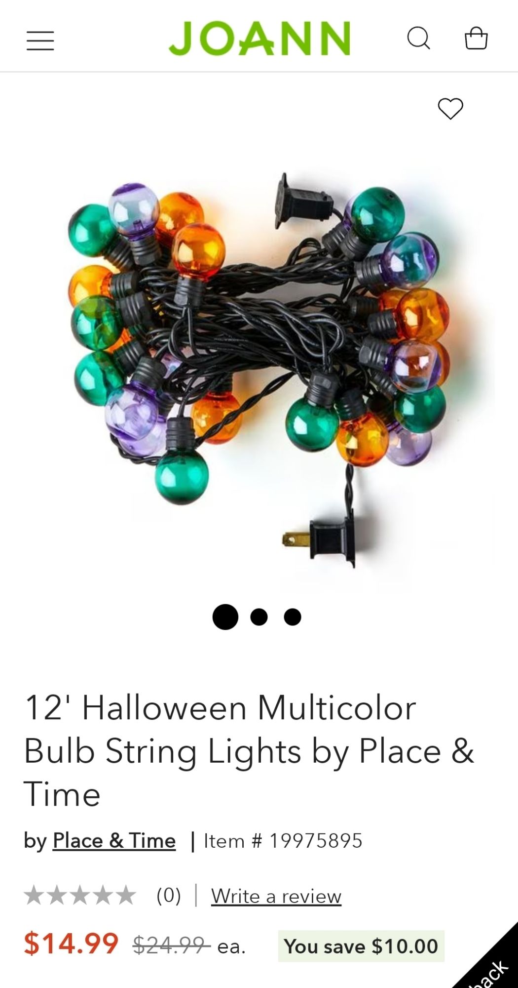 A screenshot of JoAnn's online listing for purple, green and orange bulbs string lights. They are bundled up in the picture and show the multicolor bulbs with the listing details at the bottom