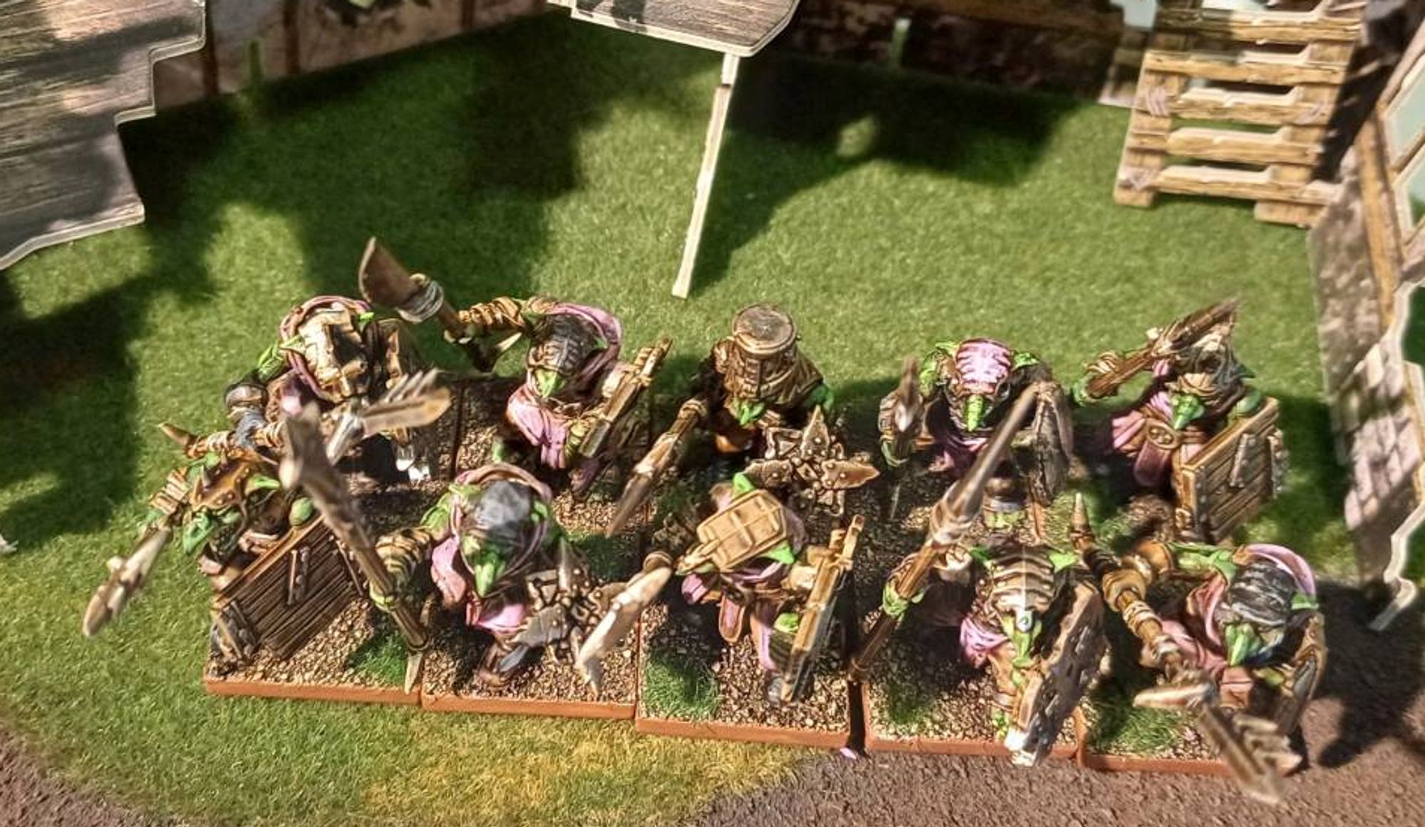 Photo: 10 goblin spearmen by Mantic Games; top-down view