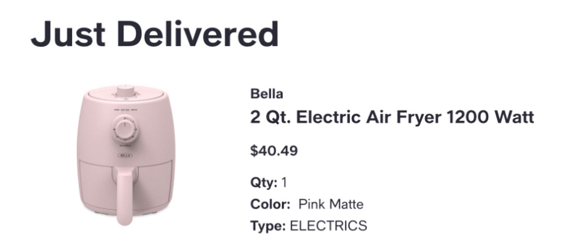 Stock image of a pink Bella brand 2 quart air fryer showing a purchase price of $40..49