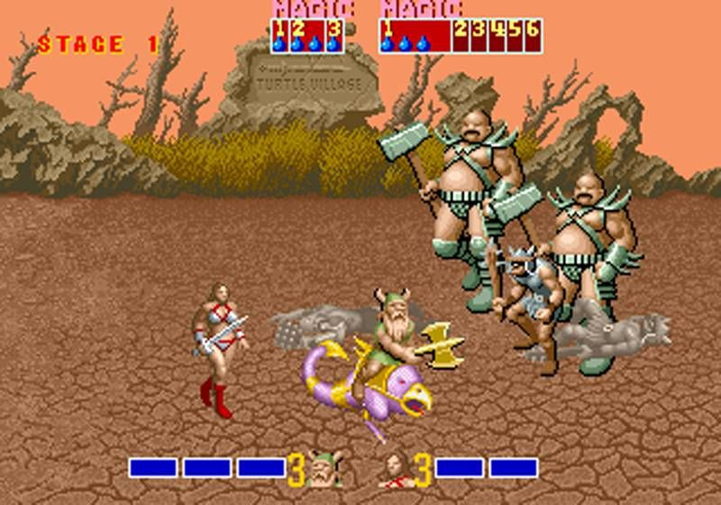 In-game screen capture from Golden Axe. Gilius Thunderhead the dwarf (who in my head is always Grabpot Thunderfuck for some reason) and Tyris Flare the Amazon warrior woman are about to rumble with a couple of giants wielding hammers.