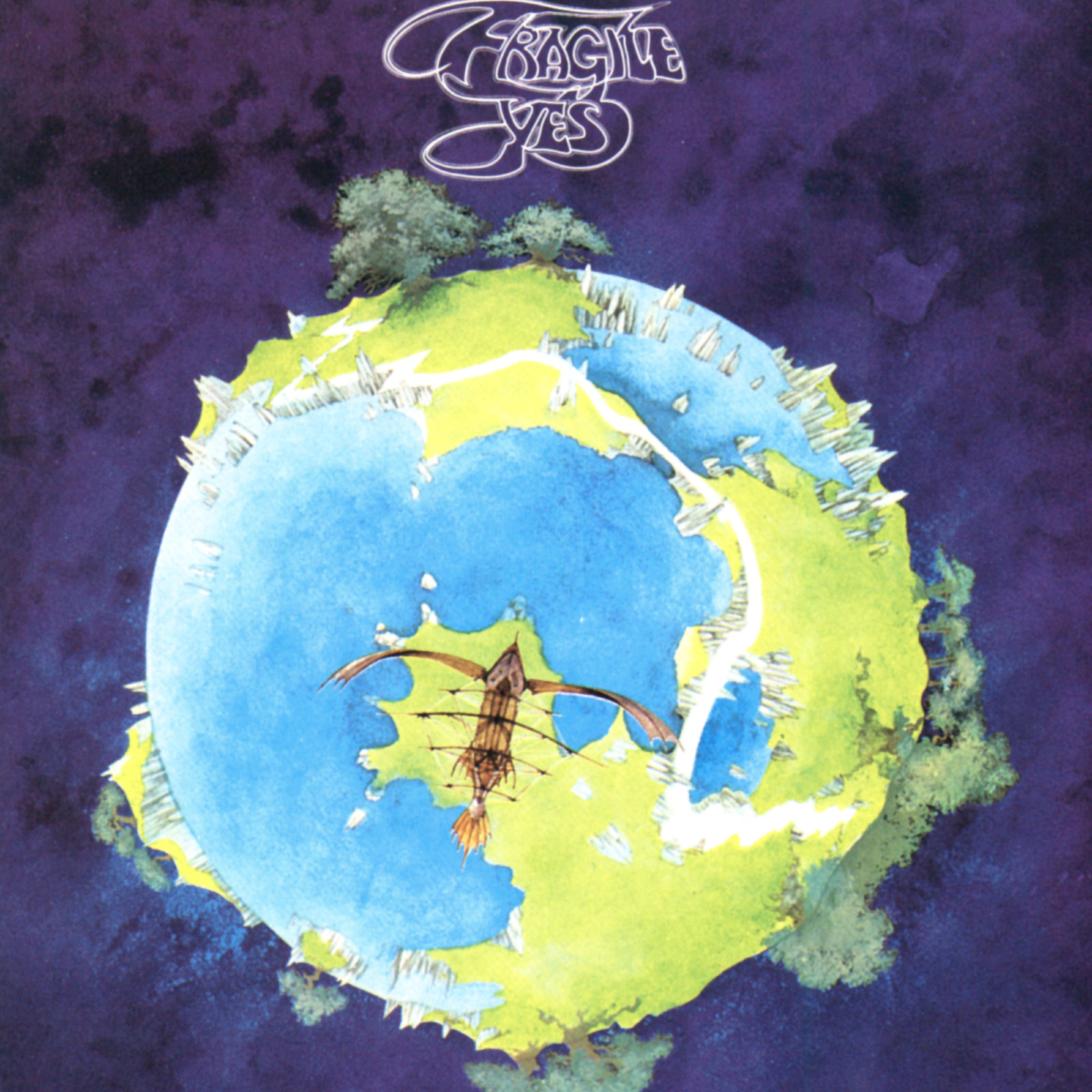 Album art for Yes' Fragile, which featured their seminal track Roundabout. It depicts a stylised planet Earth hanging in a purple spacescape, with a steampunk airship flying across its surface.