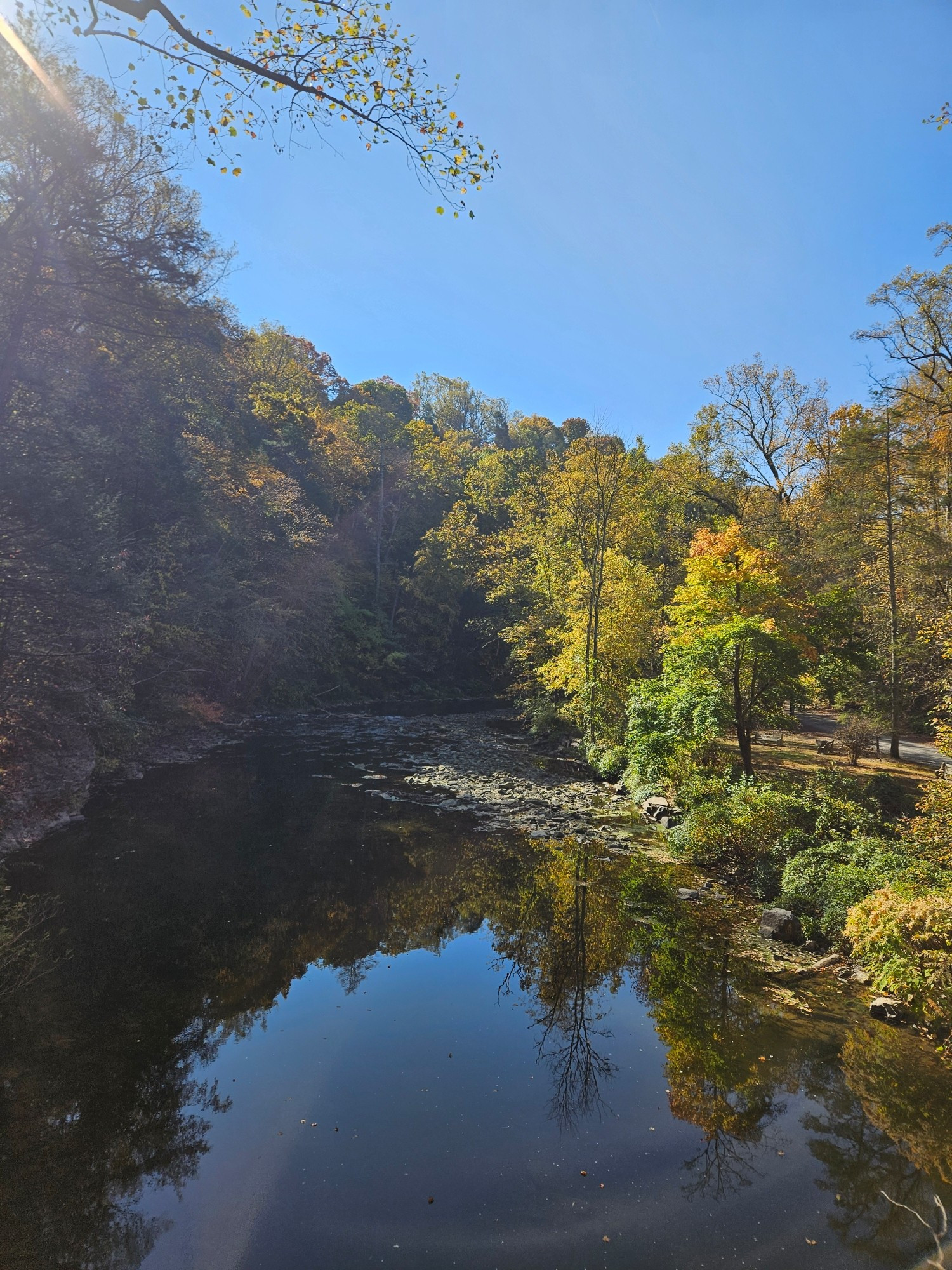 Large creek under a blue sky surrounded by fall foliage.