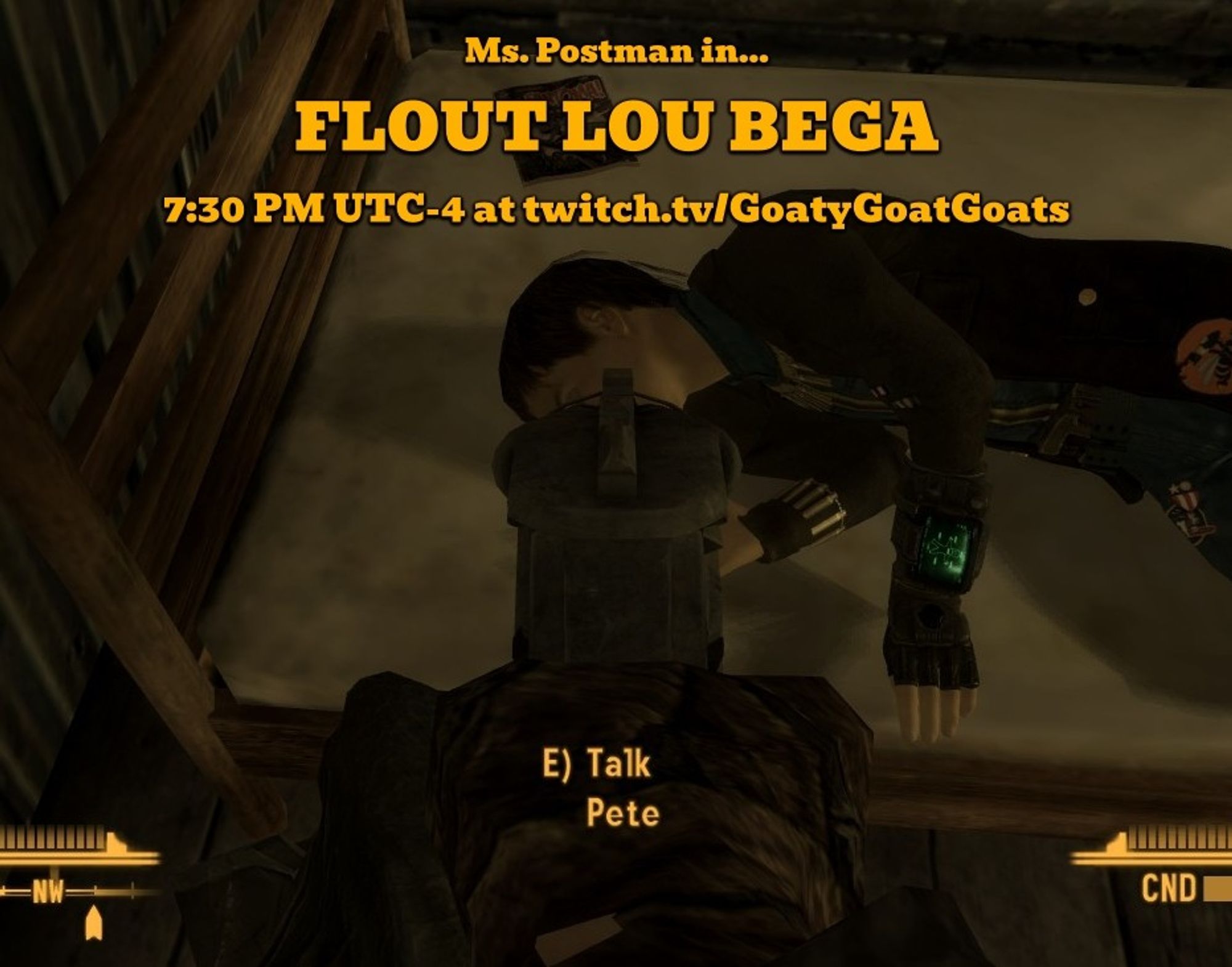 Pointing gun at Pete of the Boomers. Text reads Ms. Postman in… FLOUT LOU BEGA. 7:30 PM UTC-4 at twitch.tv/GoatyGoatGoats