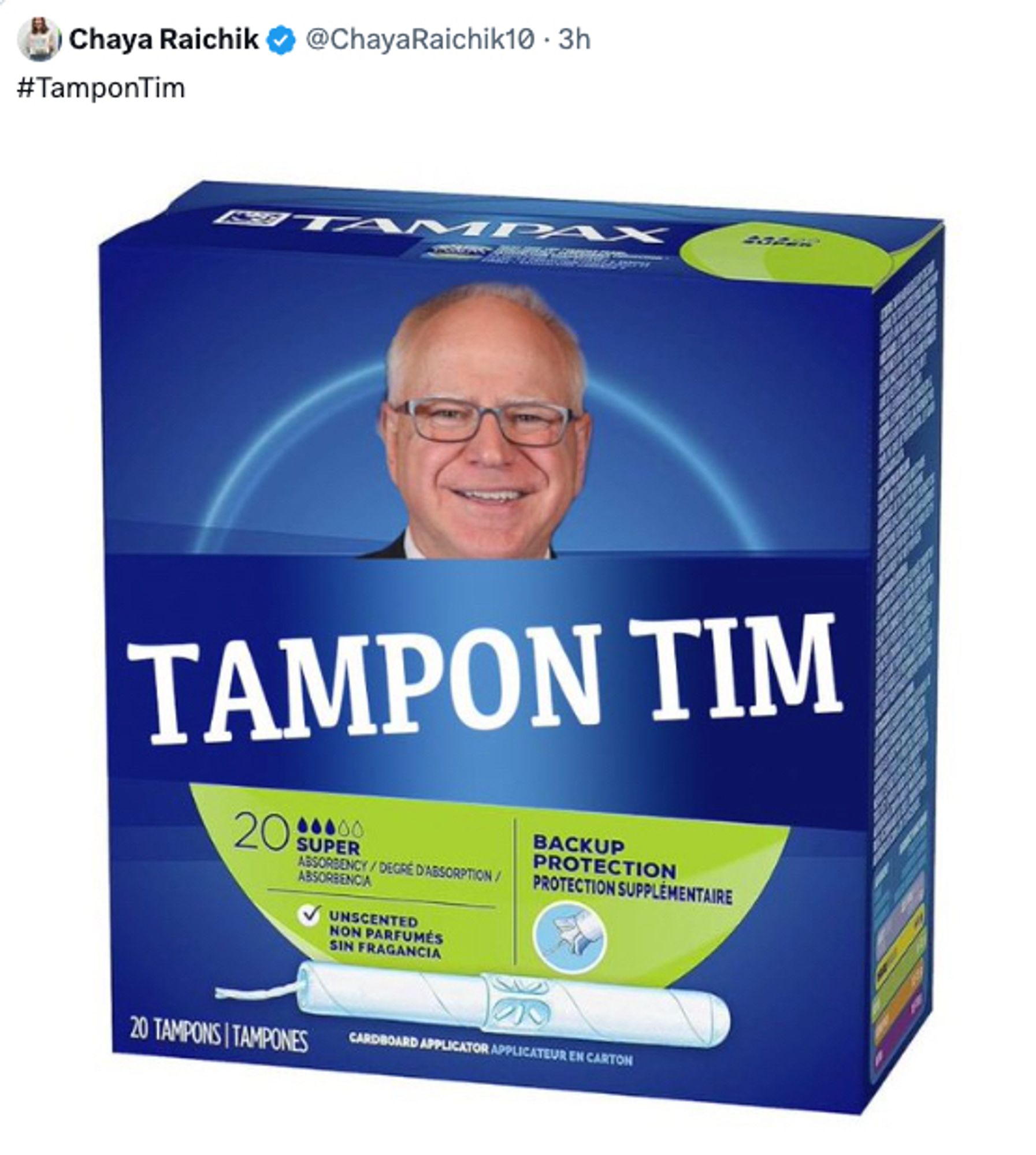 Screenshot of a Chaya Raichik post with Tim Walz's face on a tampon box and the words #TamponTim