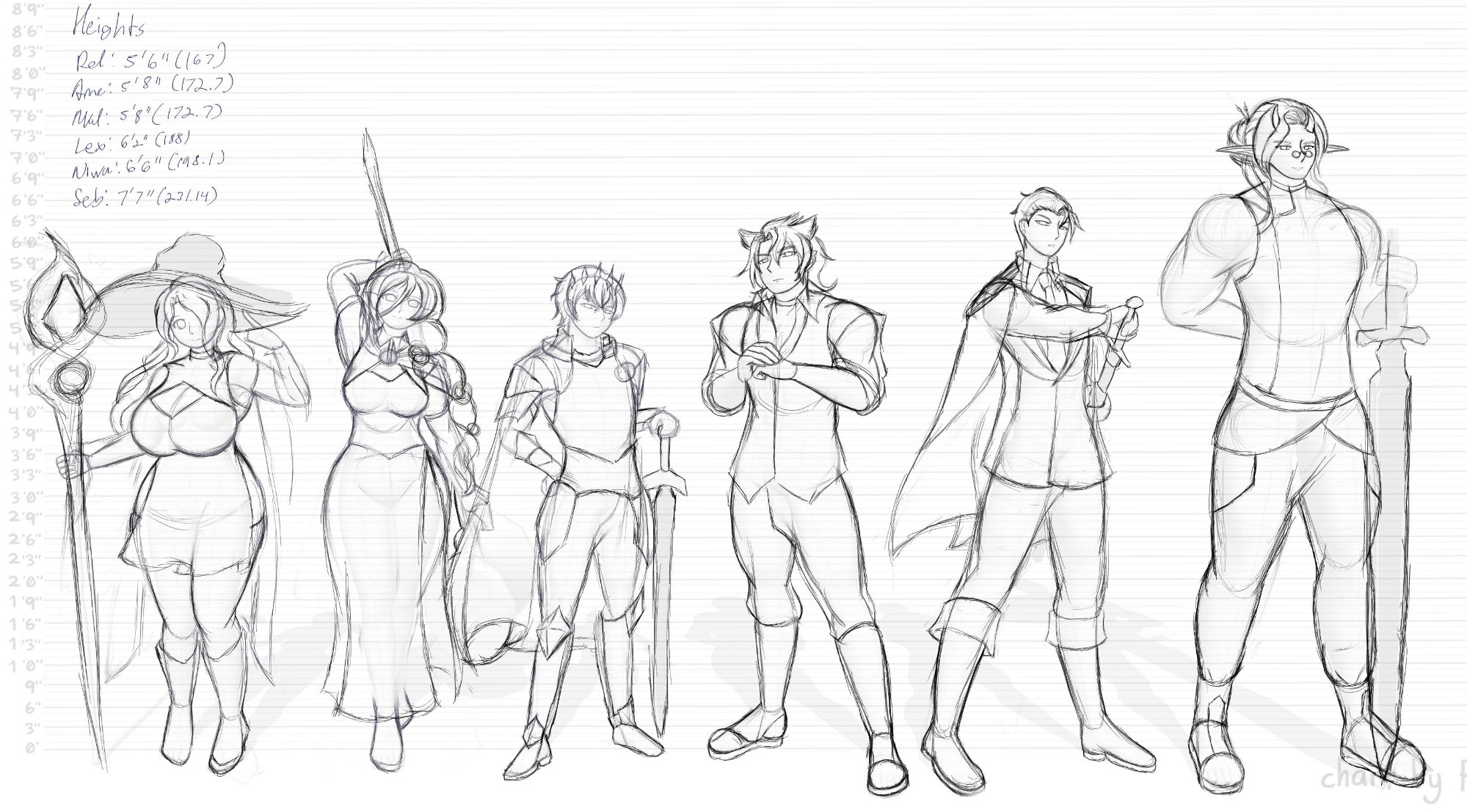 A sketch of a height comparison chart of a group of six main characters, creating an adventuring party.

Mirella (Rel): 5'6" (167 cm)
A human woman of average height with a voluptuous figure, large breasts and wide hips. Her hair is wavy, and has obscuring bangs covering the left side of the face. She is dressed as a witch with a large brim hat, and an unfinished dress with slits on both sides, detached sleeves, tights, and short boots. In her right hand is an unfinished sketch of a staff. 

Ameline (Ame) & Malachi (Mal): 5'8" (172.7 cm)
The female, Ameline, is a half-elf with a pear-shaped figure, a smaller bust but wider hips. Her hair is braided and slumped over her left shoulder, tied with unfinished decorations. She is seen in a modified nun habit with a slit on the left leg, a cape, and boots. Behind her head is an unfinished sketch of a hammer. The male, Malachi, is a human with short hair and a youthful appearance, sporting under average height and donned in unfinished armor with a cape. On his head is a circlet of diamonds, and he is seen with a short sword on the side. 

Lexson (Lex): 6'2" (188 cm)
A somewhat tall man with unkempt hair resembling a wolf's mane and sporting a serious expression while cracking his knuckles. He is dressed in an open button down from the chest down, a vest, straight pants, and boots. 

Niwa: 6'6" (198.1 cm)
A tall man with slick back hair and a determined expression as he draws his sheathed blade. He is dressed in a princely suit with a cape, straight pants, and adventuring boots. 

Sebastian (Seb): 7'7" (231.14 cm)
A tall man with a calm expression, sporting long ears akin to elven folk and small horns protruding from his forehead. His hair is tied in a messy bun adorned with stick accessories, and he is seen with a pair of pince-nez on his face. His attire consists of a sleeveless compression shirt with an Eastern flair to it, tight pants, and boots. On his left hand is a sword that is roughly 2/3rds his height. 
