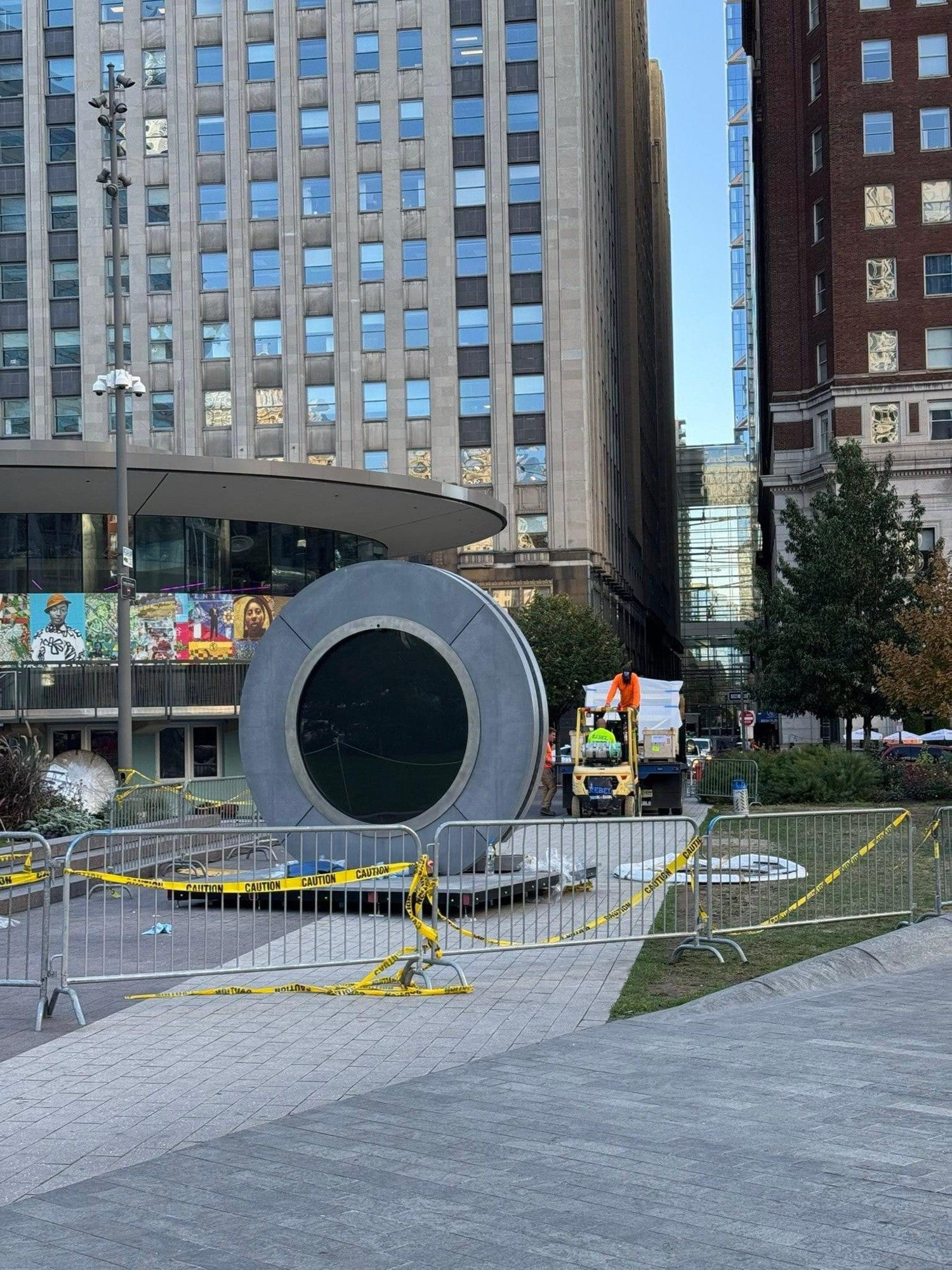 A virtual camera in a big metal circle called a Portal, set in the middle of Philadelphia’s Love Park