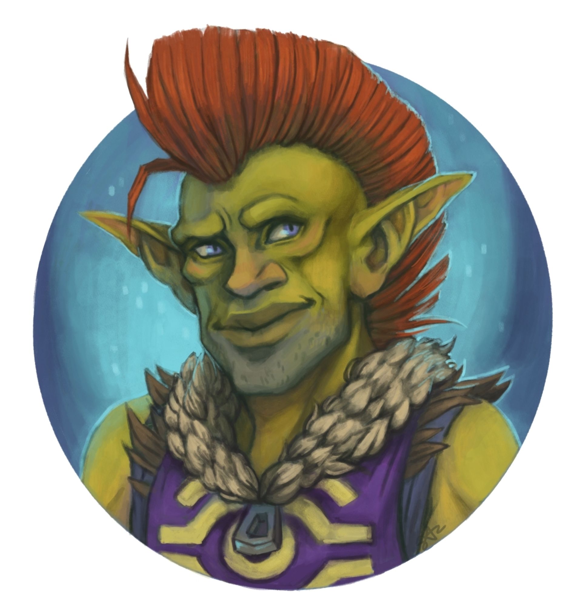 Bust of a male goblin. He's smiling a little, looking bit puzzled. He has red mohawk, fur collar, and purple Kirin Tor-tabard on him, with a yellow eye symbol on it. Piece is done digitally.