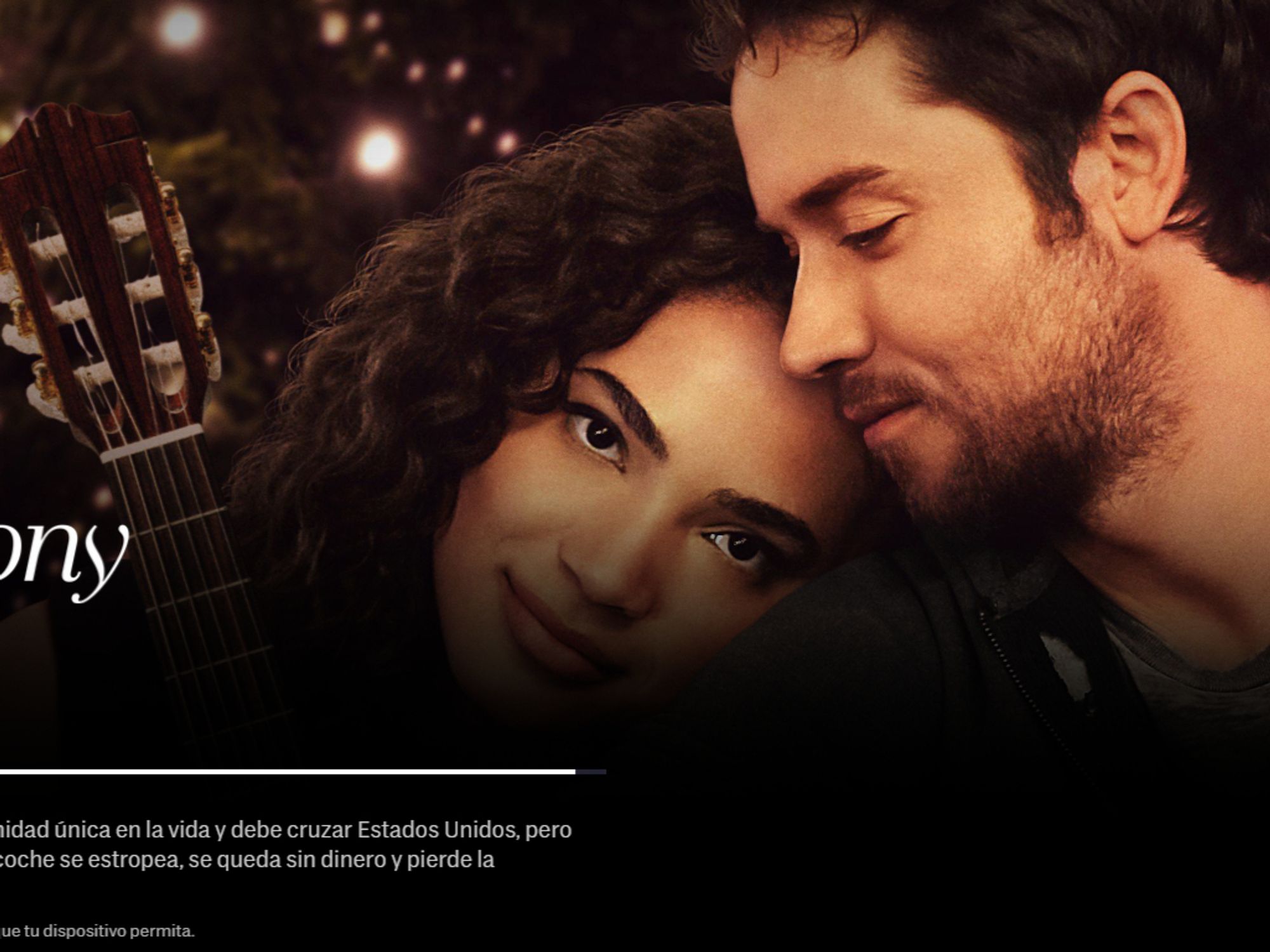 Foto promocional de Holiday Harmony película navideña en HBO MAX. Sale la pareja protagonista una chica morena con el pelo rizado y una guitarra al lado. Tiene la cabeza apoyada en el hombro de un chico con el pelo corto, castaño y barba.
Abajo esta la sinopsis:
La cantante y compositora Gail tiene una oportunidad única en la vida y debe cruzar Estados Unidos pero cuando llega a Harmony Springs (Oklahoma) su coche se estropea se queda sin dinero y pierde la esperanza.