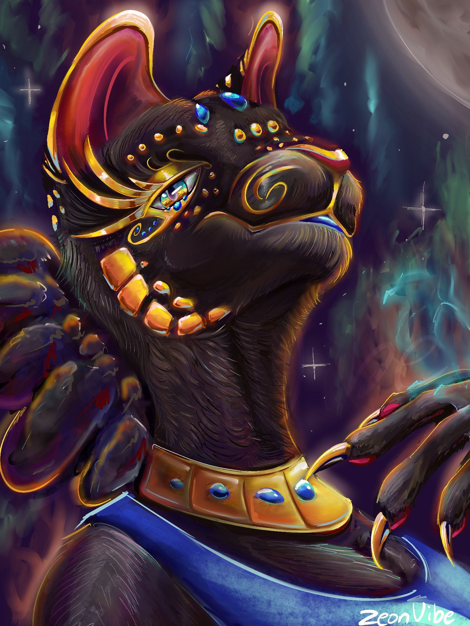 Black Abyssinian cat with a blue accent and gold accessories. Background in space themed moon in the top right a and spirit type Falcon on her hand.