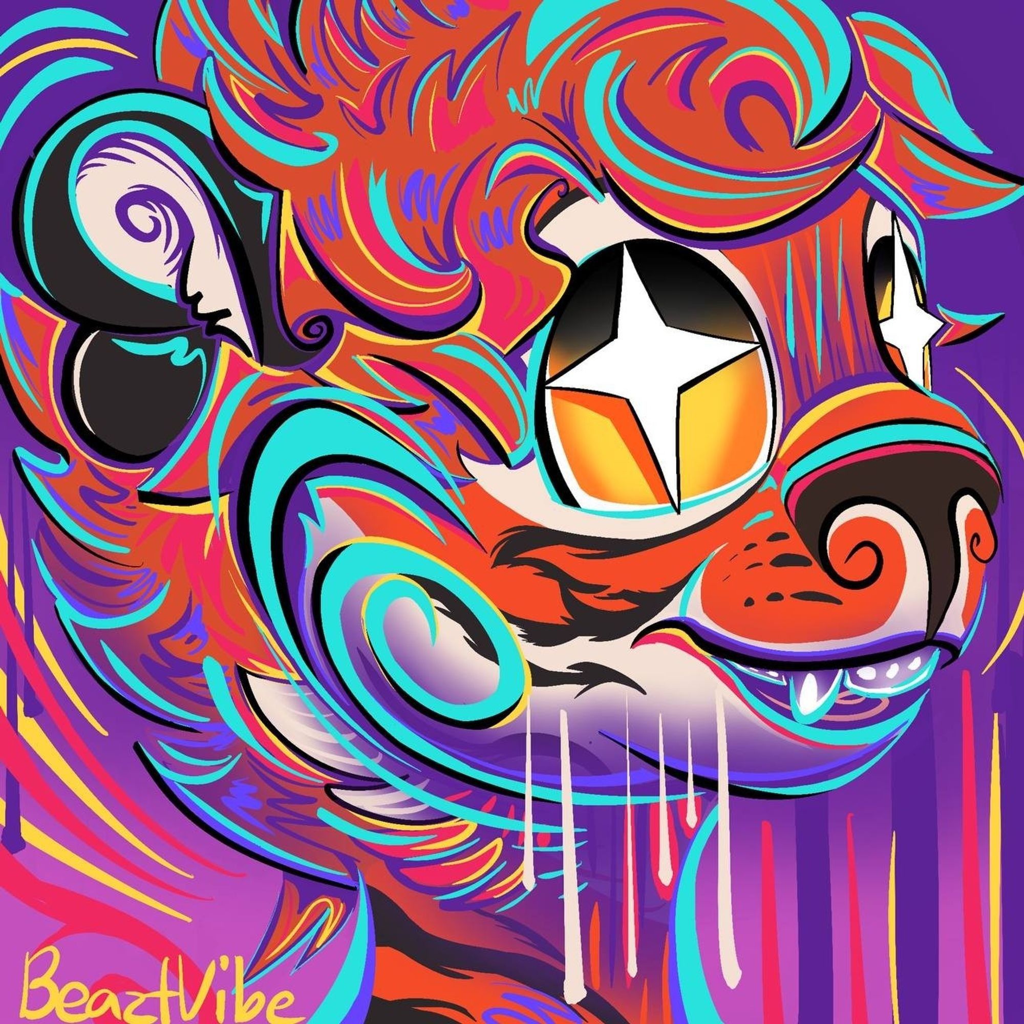 Colorful tiger character colored abstractly with orange, white, blue, and yellow with some other colors.