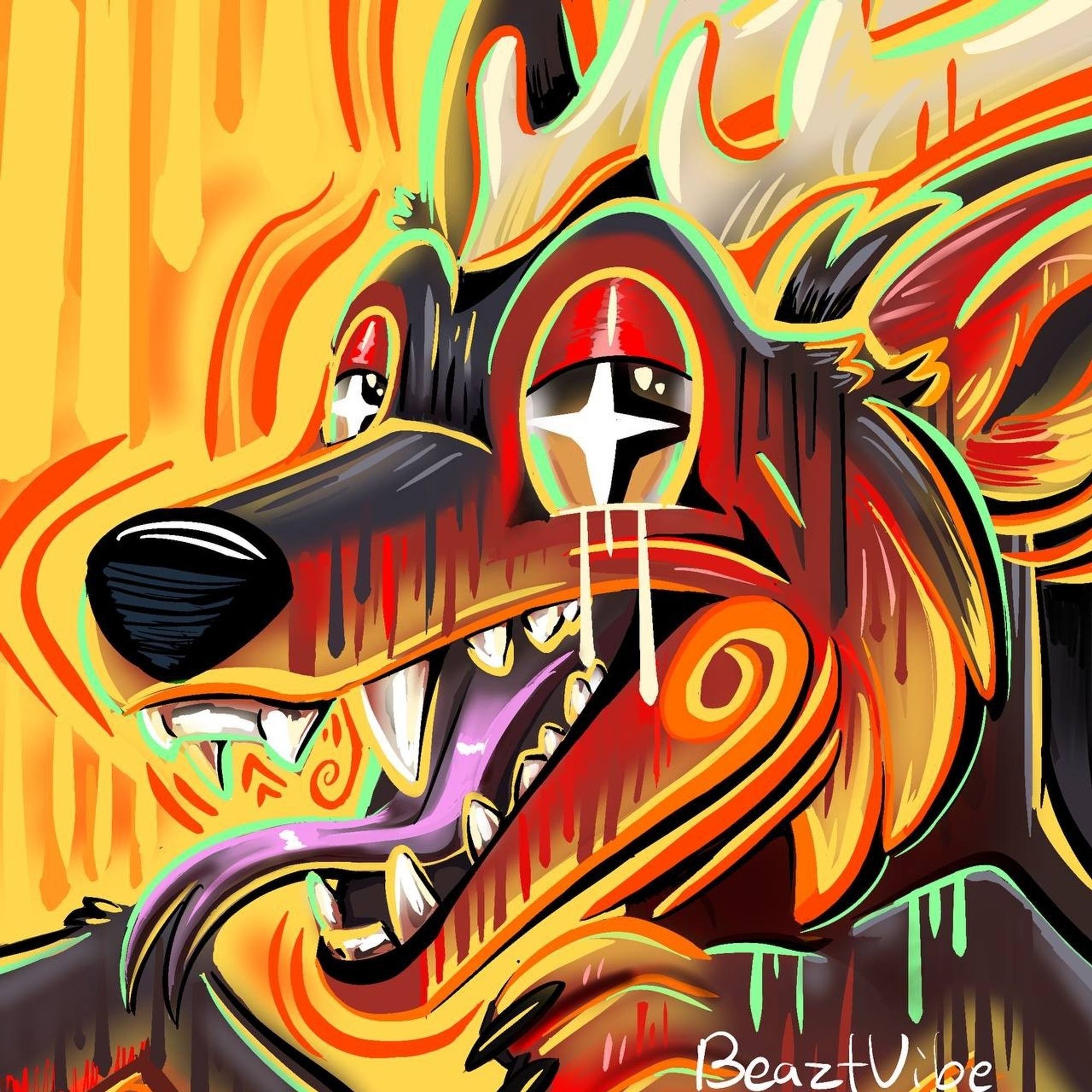 Canine creature colored abstractly with tongue out colored with red, orange, green, and Grey with other colors.