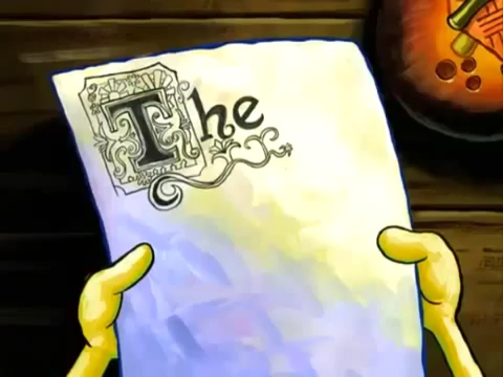 SpongeBob SquarePants holding a piece of paper with the word "The" written on it in an overly detailed, painterly manner