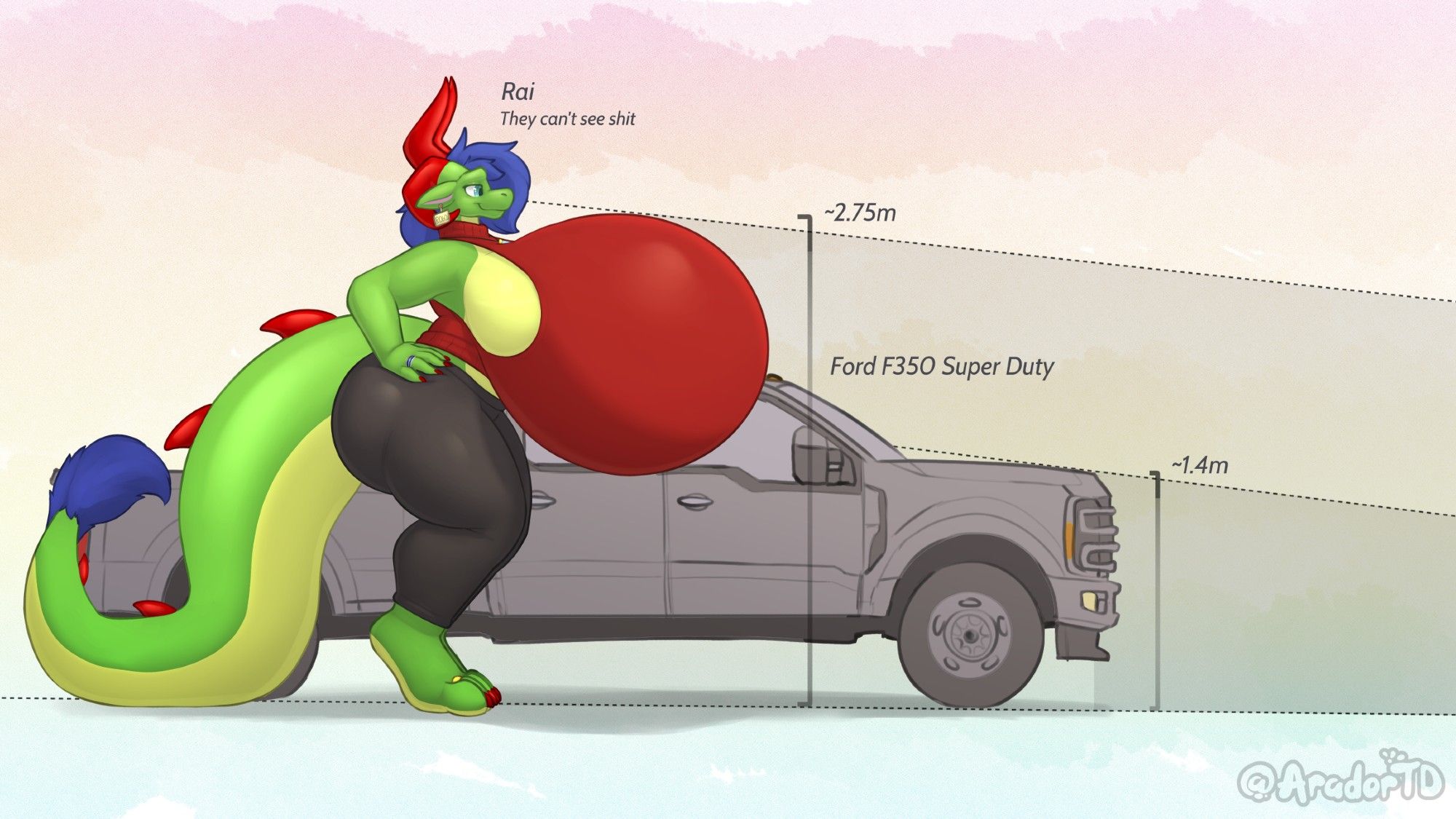 Rai is standing next to a Ford F350 Superduty. Despite the Truck's terrible terrible visibility rating, Rai's enormous chest makes they're visibility over twice as bad (as depicted by large geometric areas greyed out to represent their respective blind spots.)