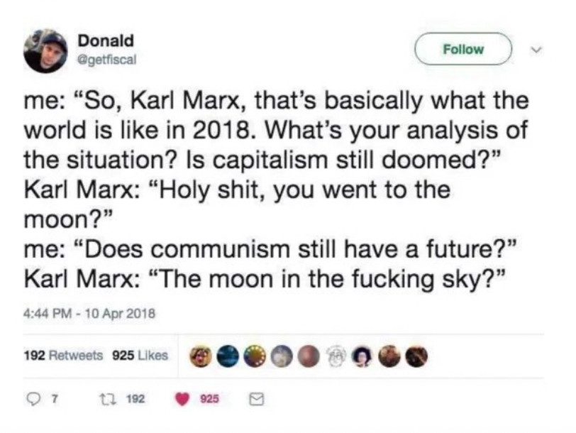 Screenshot of Karl Marx moon in the fucking sky tweet by @getfiscal on twitter 