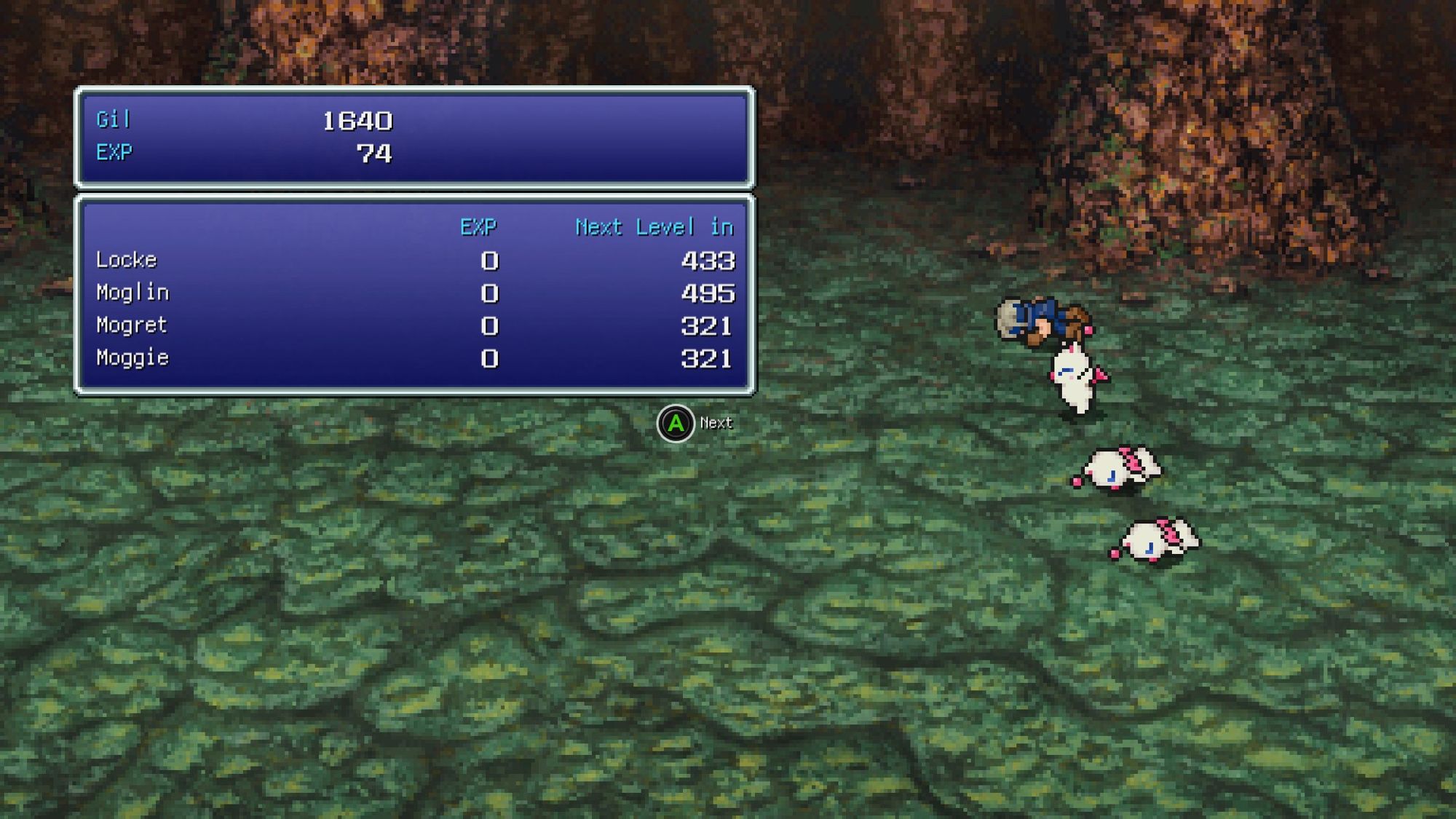 Final Fantasy VI screenshot (pixel remaster, steam) showing me barely winning against the last fight of the moogle defense scenario at the beginning of the game. Only Moglin is left alive. Locke, Mogret, and Moggie are down.