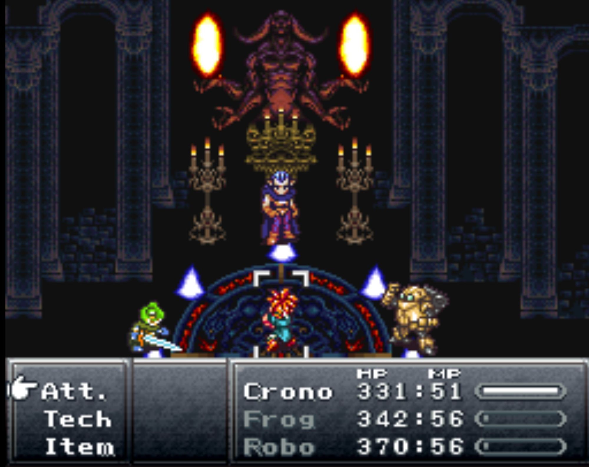 THE COOLEST FIGHT IN CHRONO TRIGGER. Fight against Magus in his castle, Crono, Frog, and Robo vs. Magus.