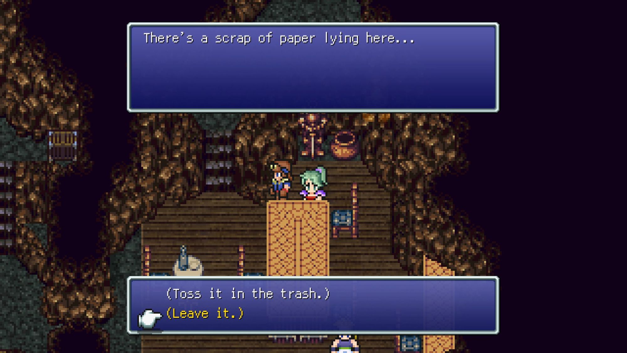 Final Fantasy VI PIxel Remaster screenshot showing Terra not picking up and throwing away the scrap of paper you can find on the northeast end of the conference table in the returner's hideout in the world of balance.