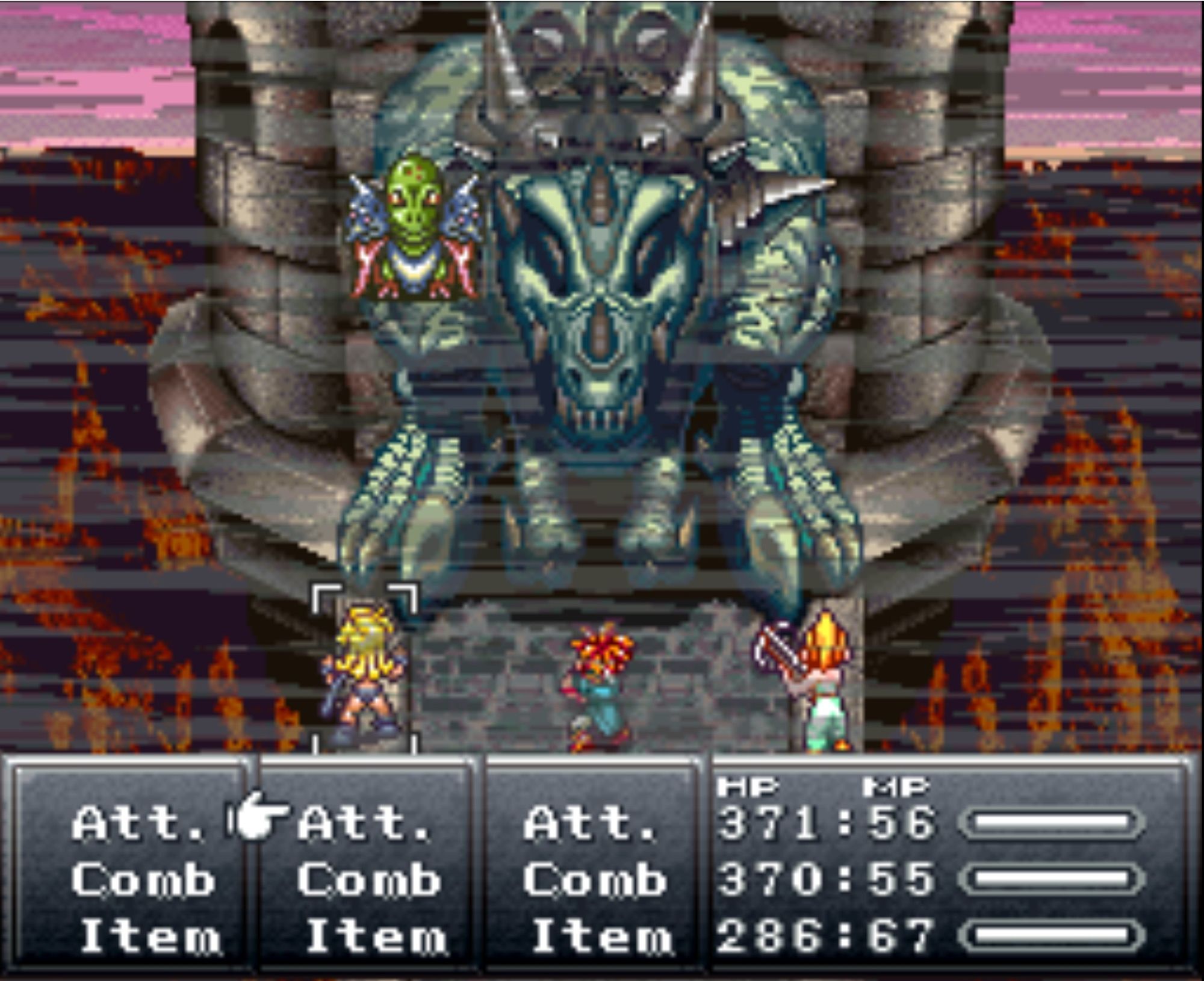 A Chrono Trigger screenshot (using a rom hack, chrono trigger + ) showing the party, consisting of Ayla, Crono, and Marle facing off against Azala and the Black Tyranno in 65,000,000 B.C.  A vista of volcanic mountains can be seen in the background, as well as a skyline.