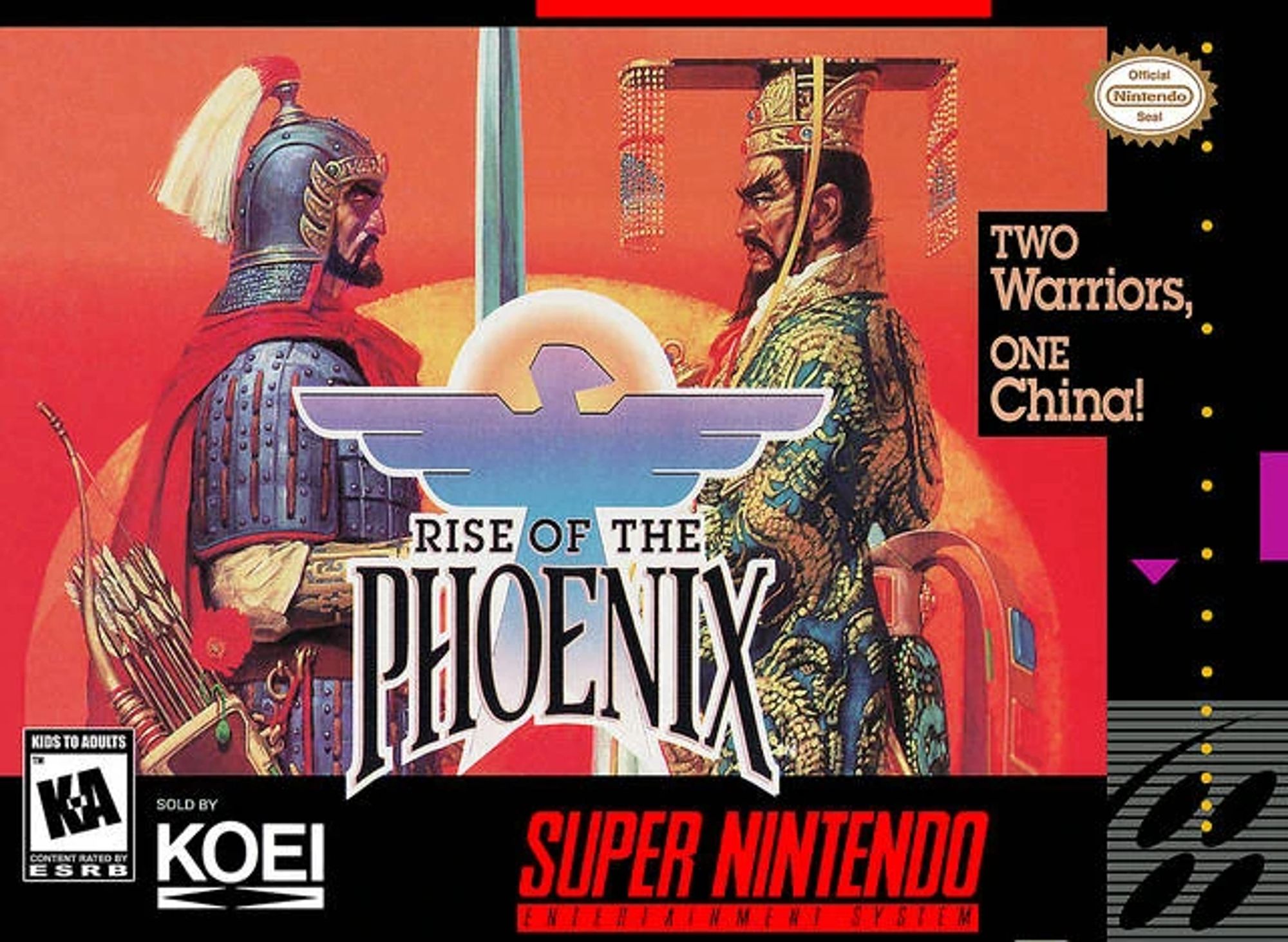 Rise of the Phoenix box art, by Koei, for the Super Nintendo. The tag line reads "TWO Warriors, ONE China!"