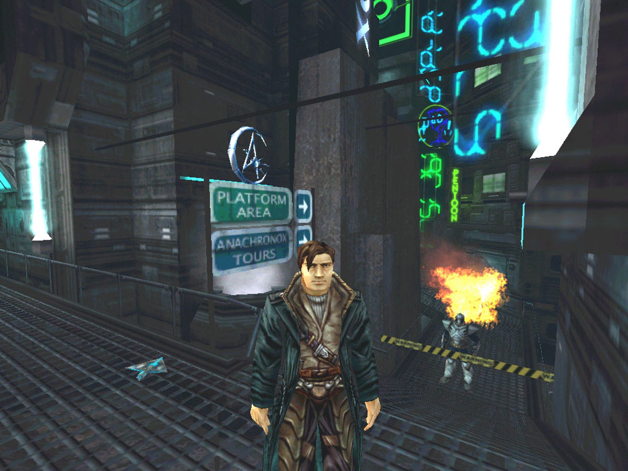 Sly boots standing next to the platform that would take you to anachronox tours if you were far enough in the game, also take a photo of that anachronox symbol above the directions