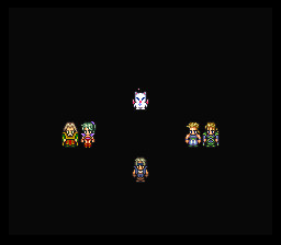 The world of balance scenario screen with Mog from Final Fantasy 3 US (SNES, With the divergent paths romhack installed). The romhack has changed this up some. Banon and Terra are together, and edgar and sabin are together. locke is by himself, still.