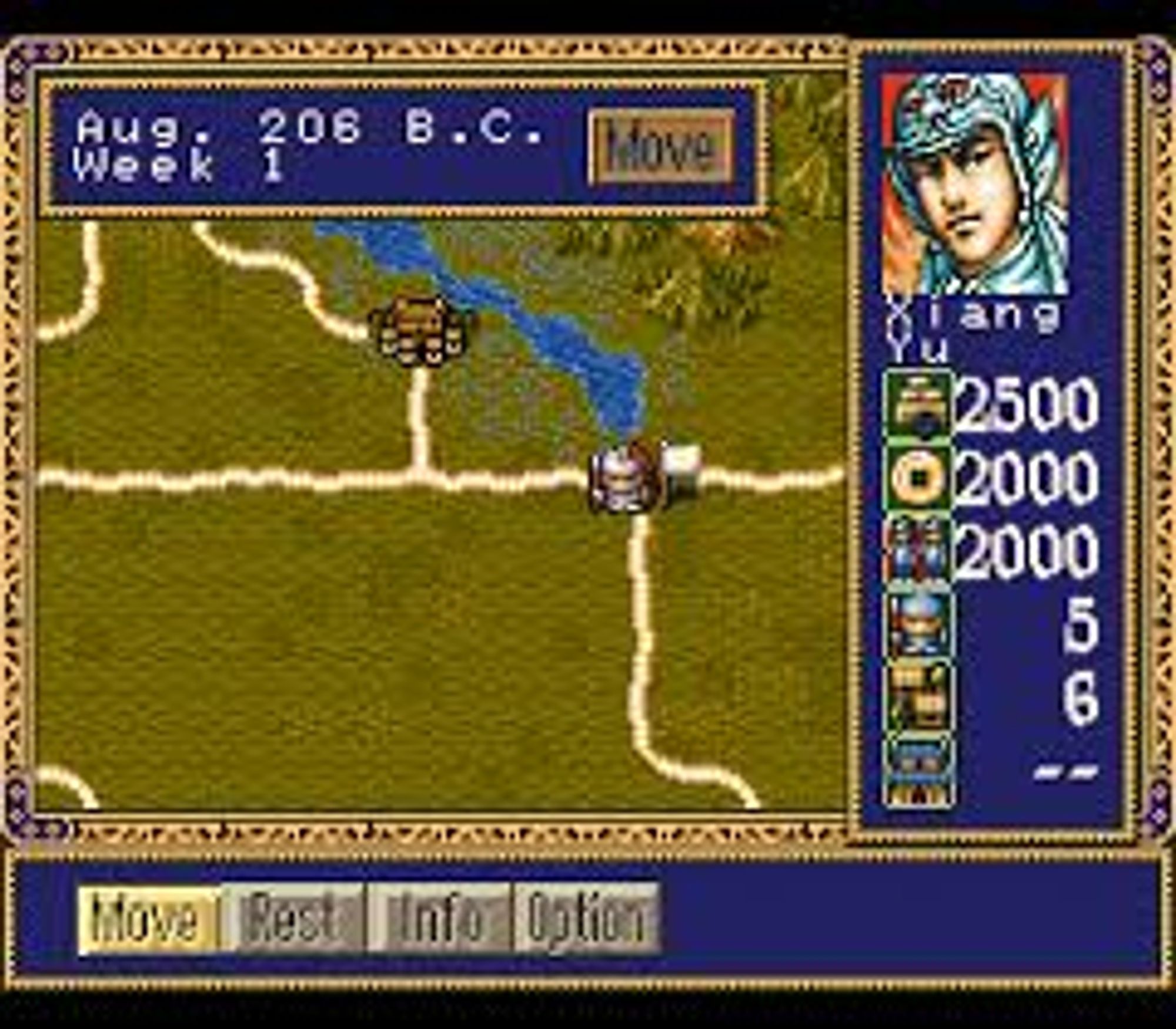 Rise of the Phoenix (SNES) screenshot showing you controlling Xiang Yu on an ovrland map of china. It is August 206 BC.