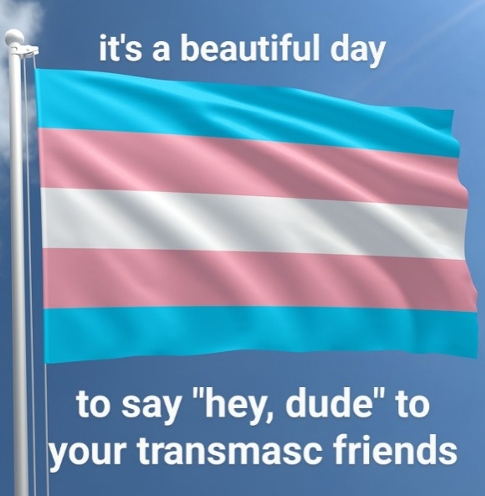 a digital image of a trans pride flag waving on a pole with a blue sky in the background, with words in white saying "it's a beautiful day to say 'hey, dude' to your transmasc friends"