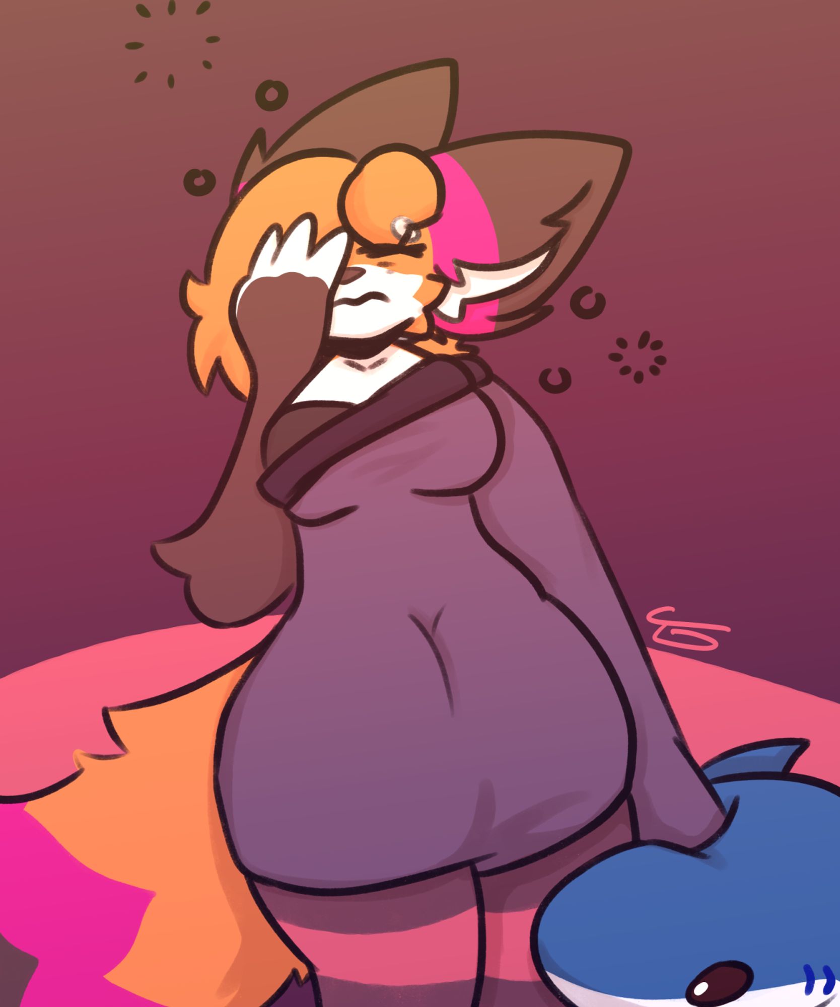 waffles wearing a loose hoodie with a shoulder sticking out, one hand up to her tired face, the other one dragging behind a blahaj