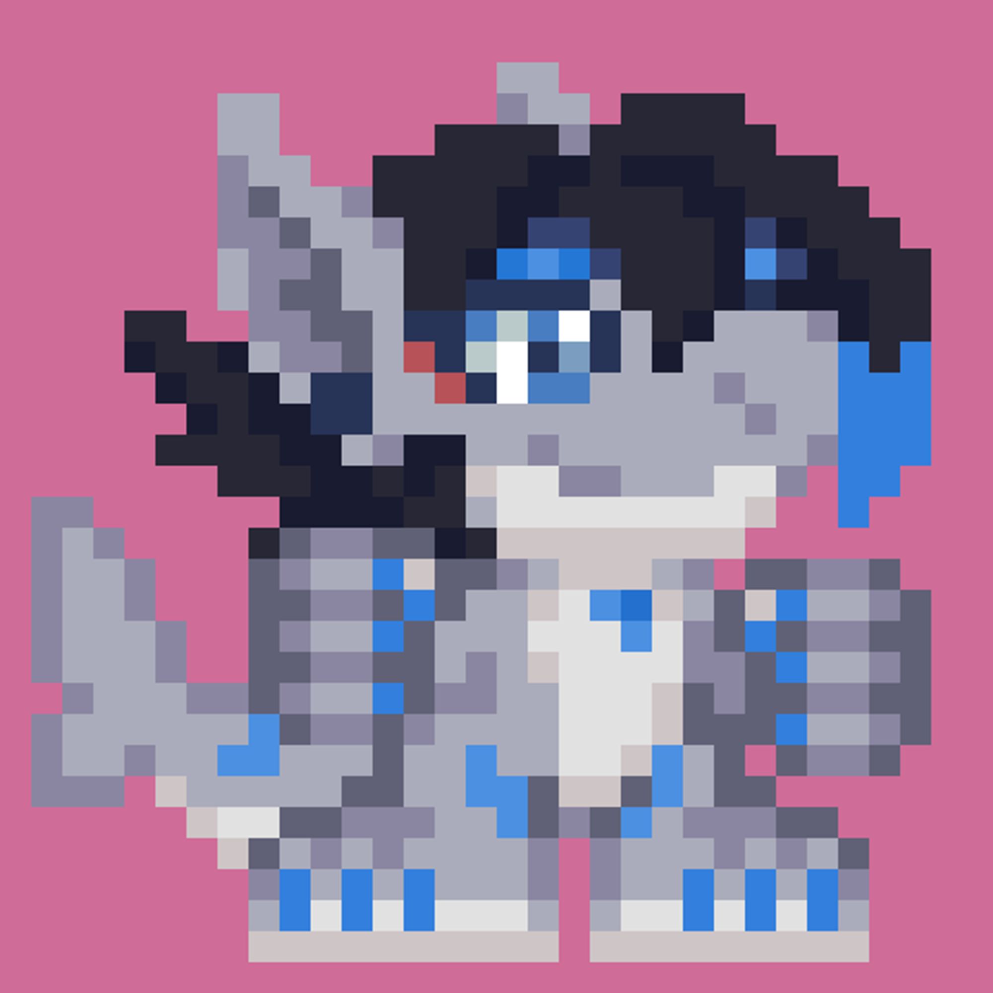 Pixel art of 32x32 pixels of a girl furry shark fursona. She has dark hair with a blue highlight, blue eyes & nails, and lastly a gray body.