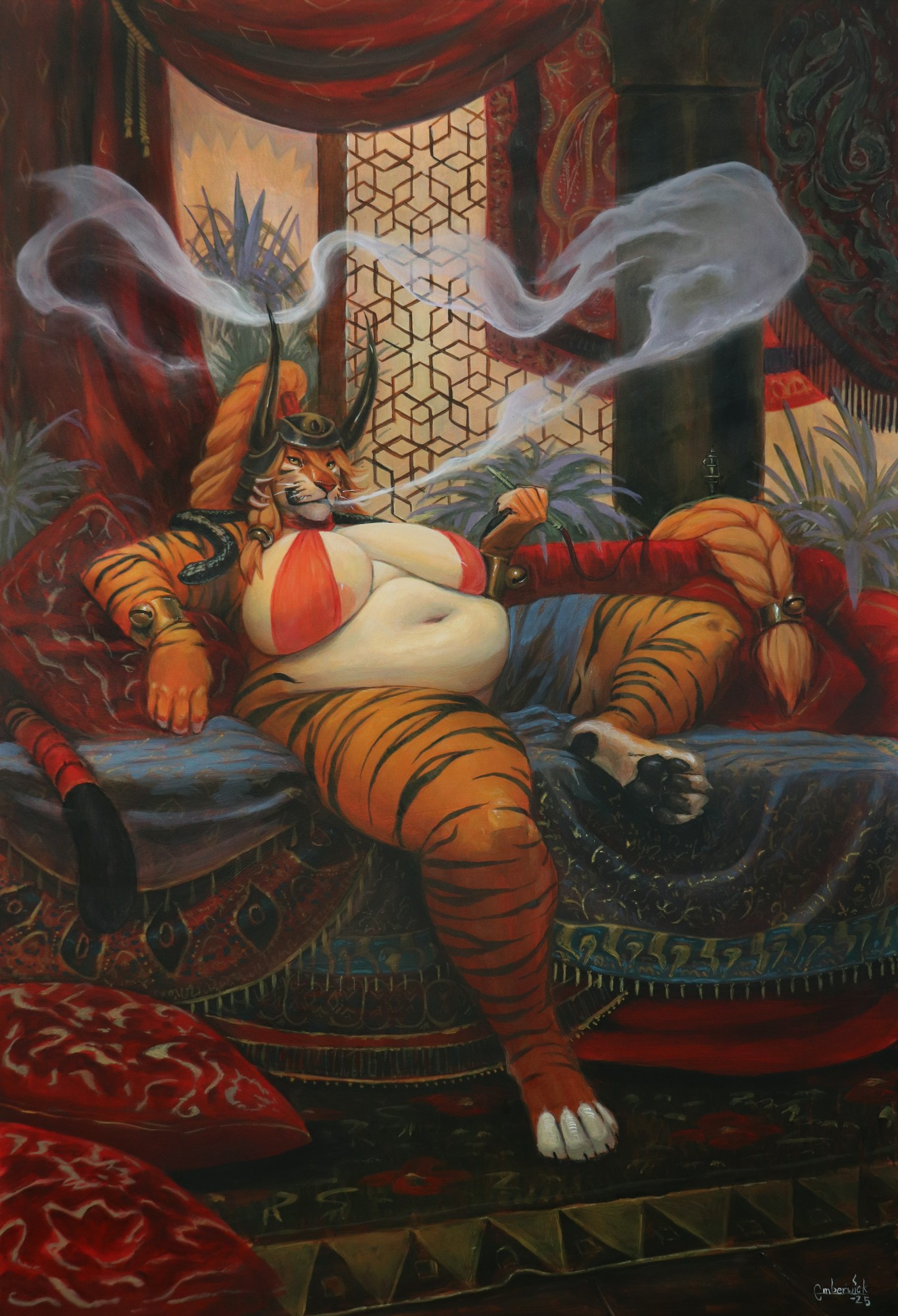 A sultry bbw tigress relaxing in a decorated cushioned lounge, smoking a hookah. Shes wearing a large horned helm and has a snake draped around her neck. 