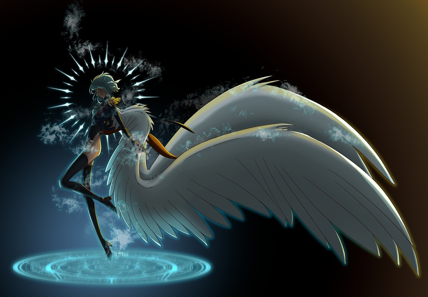 original character being summoned above a blue glowing circle. the character is female presenting with a blue aura. Wearing military-type garb and large wings protruding from their back