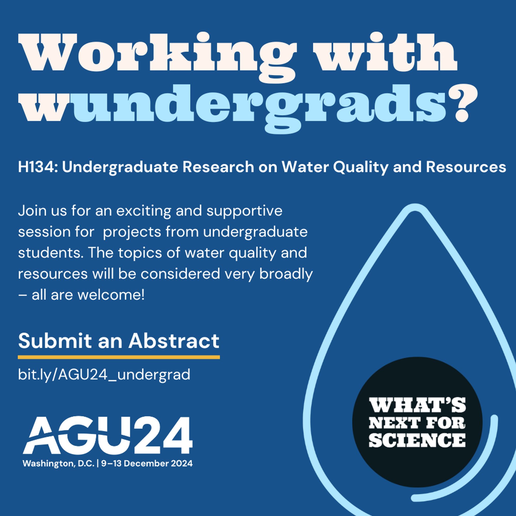 Advertisement for our AGU session with a large title "Working with wundergrads?" followed by the session title (H134 Undergraduate Research on Water Quality and Resources). The description says "Join us for an exciting and supportive session for projects form undergraduate students. The topics of water quality and resources will be considered very broadly - all are welcome!" The image has a blue background and water drop icon.