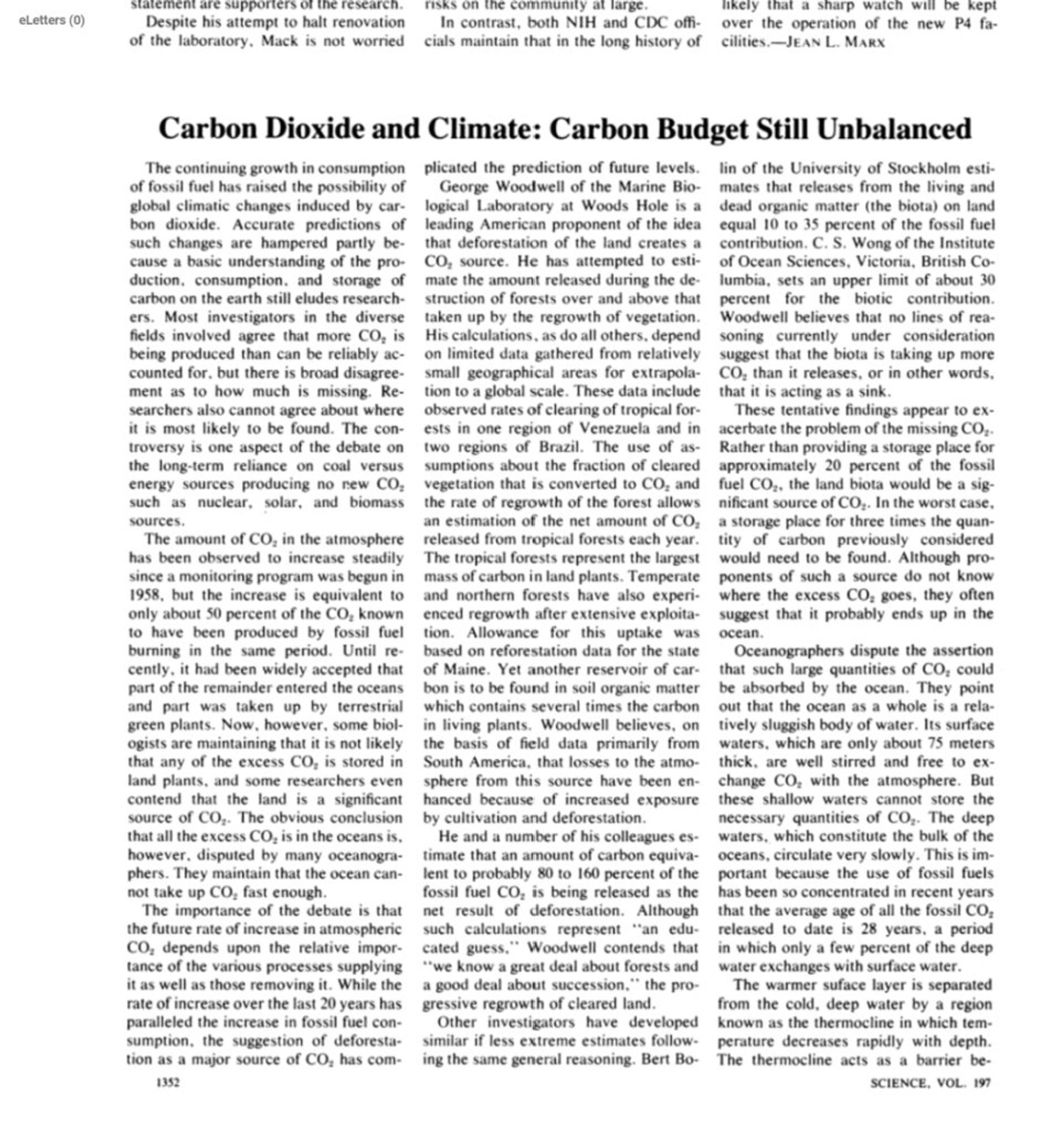 Screen grab of first page of Science article from Sept 30 1977 with title "Carbon Dioxide and Climate: Carbon Budget Still Unbalanced."