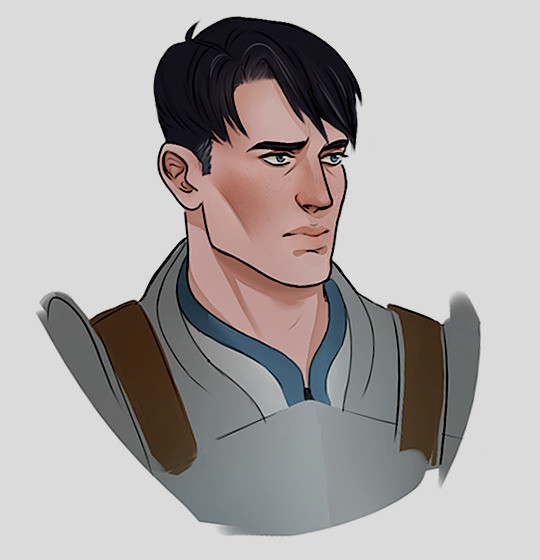 A bust-length 3/4 portrait of Carver Hawke from Dragon Age 2. He is a Grey Warden in his late twenties and stares intensely to the right.