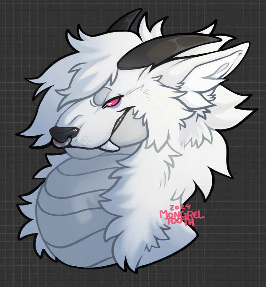 fluffy white with grey scales horned dragon beast. has pink eyes and sclera. 