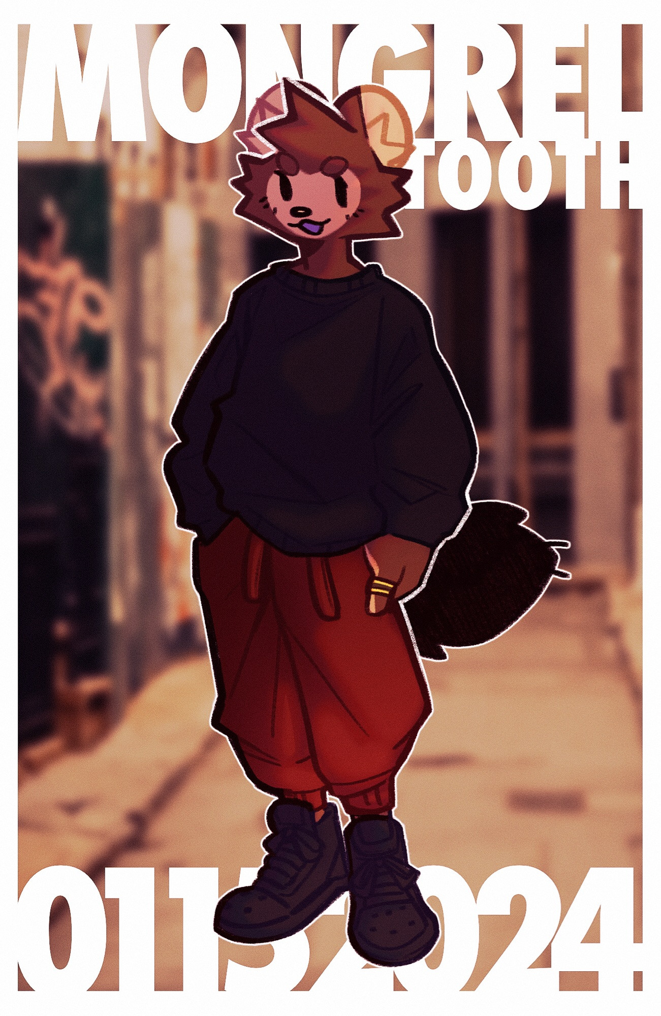 Brown and cream bush dog anthro in a baggy black sweatshirt and red joggers with black wedge shoes