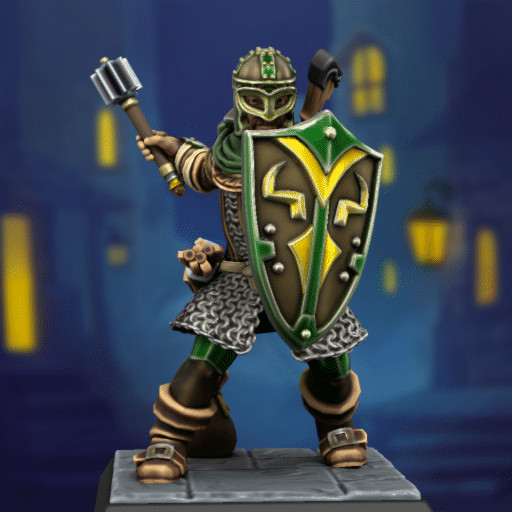 A human cleric with a shield and mace in hand. On his back is a crossbow, and on his hip is a quiver. Parts of his chainmail armor is green.