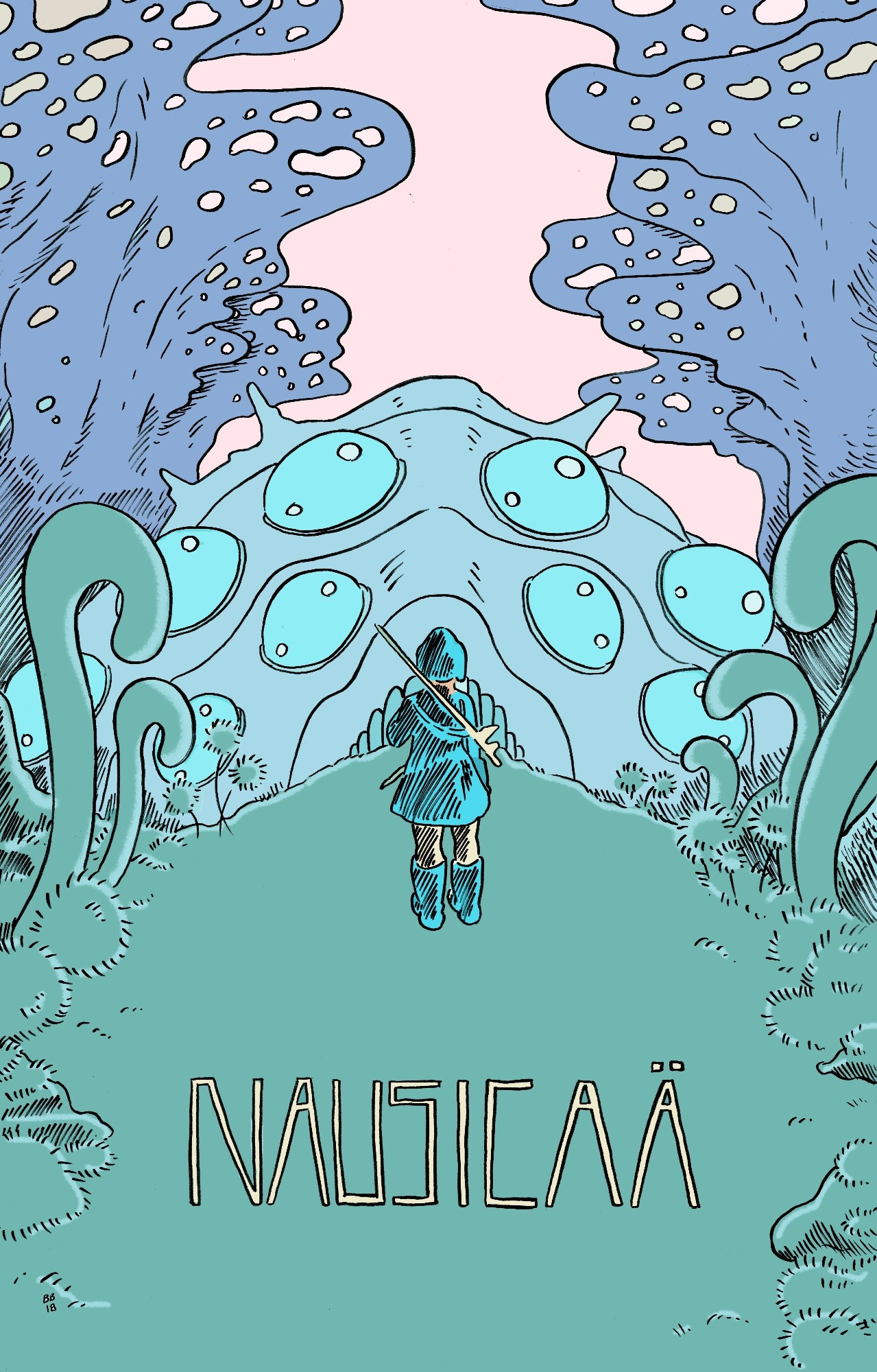 A fan poster for the movie Nausicaa of the Valley of Wind. a figure wearing an all-blue outfit stands at the centre, surrounded by a fungal jungle. In front of her is a giant isopod-like creature the height of a several-story building