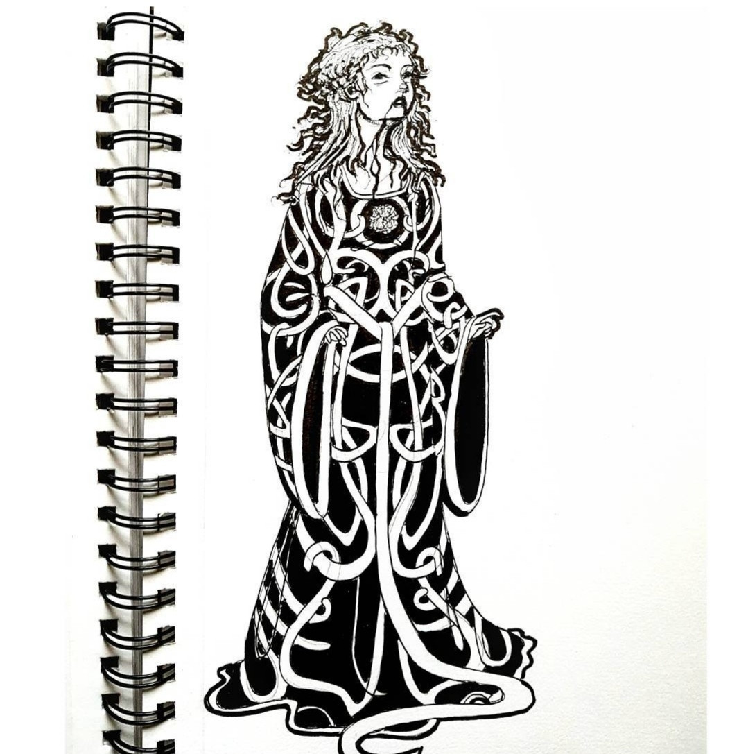 A person with long hair and a long robe stands with their hands slightly outstretched, peeking out from behind long sleeves. The robe has a complex Celtic pattern. Their expression is serious, and they have blood  dribbling from the corner of their mouth. They make eye contact with the viewer