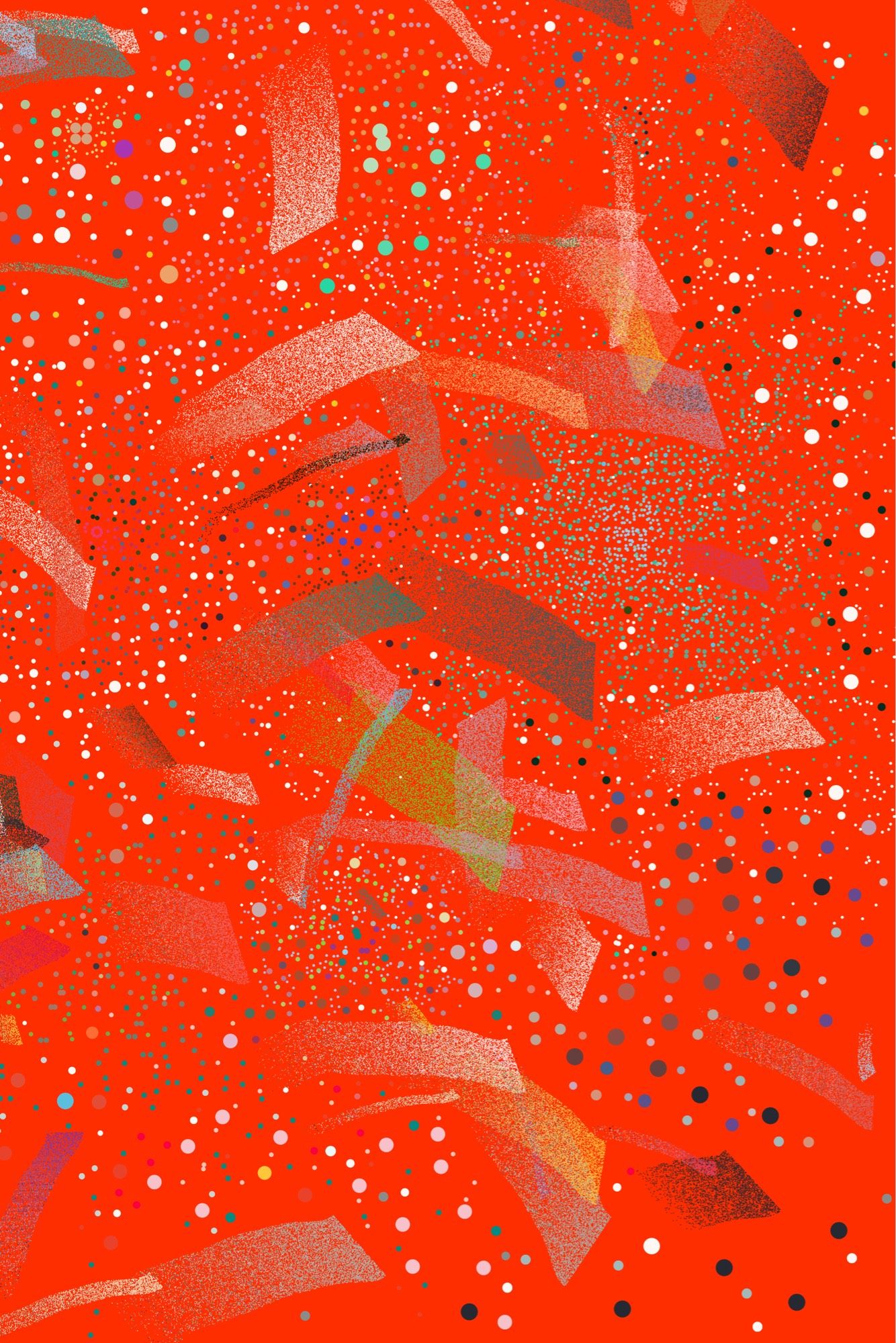 Generative abstract painting with a bright orange background and little dots of different size scattered across the canvas. 