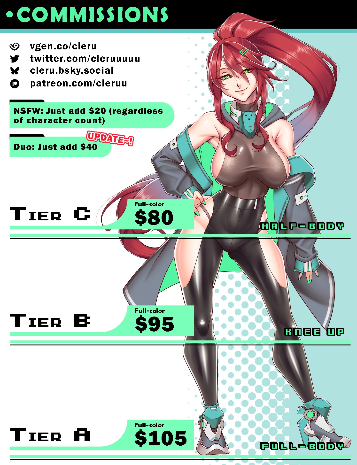 Price listing of each services the artist provides. The prices being $80 for half-body, $95 for knee up, and $105 for full body.

Add-ons include NSFW options and an additional character.