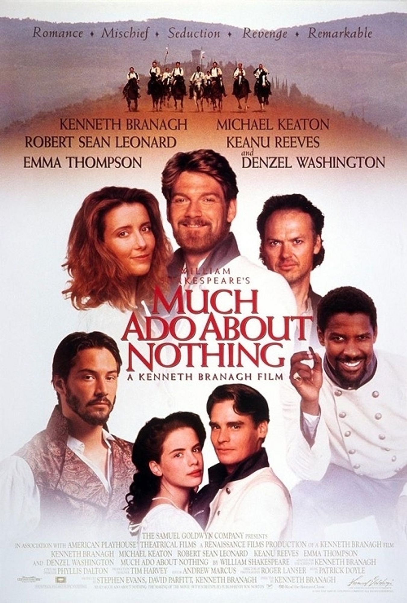 Movie poster of the 1993 film "Much Ado About Nothing" featuring Kenneth Branagh and Emma Thompson as Benedick and Beatrice. The poster has the movie title in the centre, around it are portraits of the actors in the main roles.