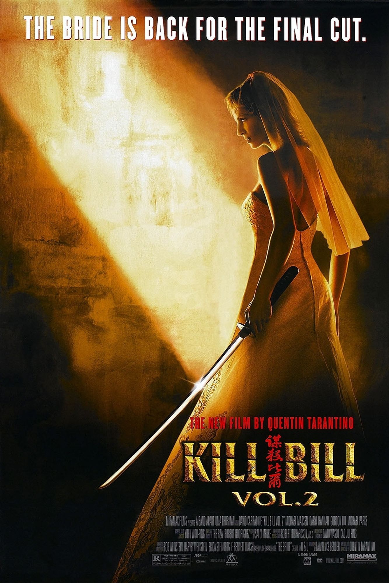 Poster of the 2004 movie Kill Bill 2. At the top in bold, white capital letters is the sentence "The bride is back to make the final cut." Below is the full body profile of Beatrice (Uma Thurman) in a bridal gown and veil, with a Japanese Katana sword in her left hand. She is dimly lit by a distinct ray of light shining down on her from the top left. Her head is slightly bent, but she is looking straight ahead as if there was an enemy just outside the poster on the left. At the bottom right are the words "the new film by Quentin Tarantino" in red font, underneath in yellow letters the movie's title "Kill Bill Vol. 2", underneath that in small white writing more information that is unreadable to me.