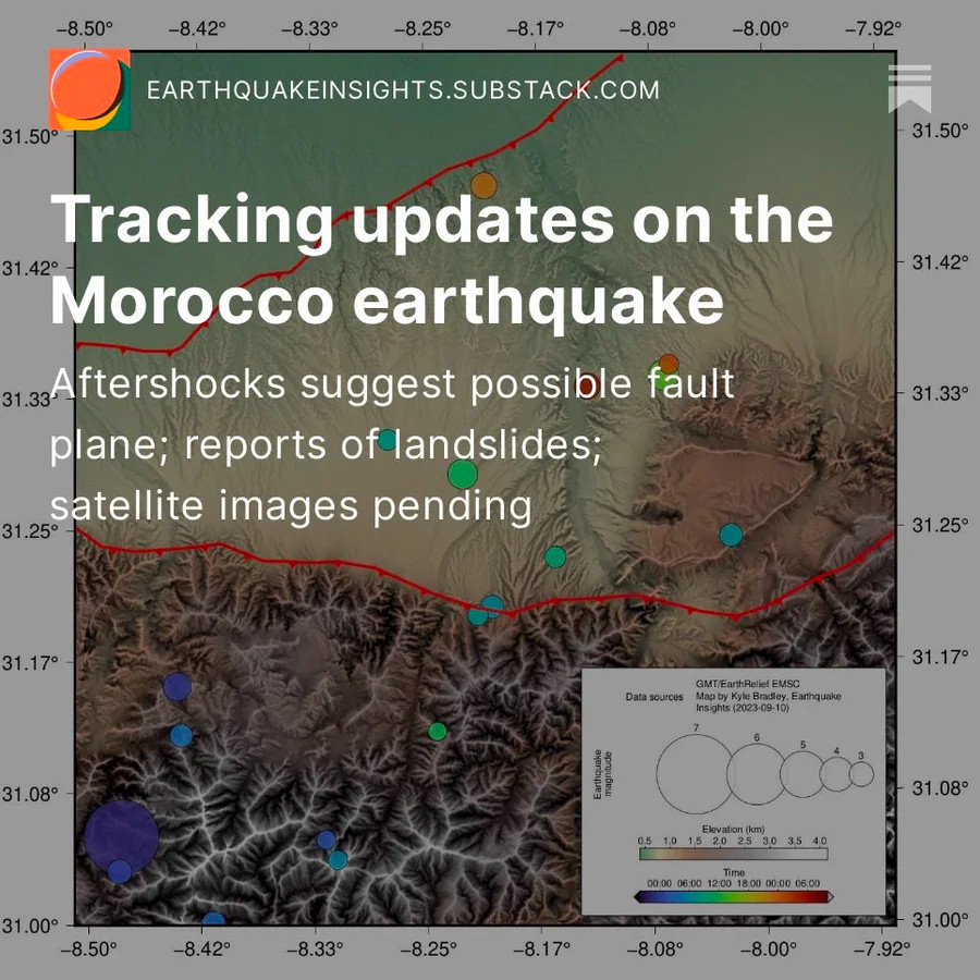 Background image: topographic map in green and brown, with circles in blues, greens, and oranges. Title: Tracking updates on the Morocco earthquake. Subtitle: Aftershocks suggest possible fault plane; reports of landslides; satellite images pending. Header: earthquakeinsights.substack.com