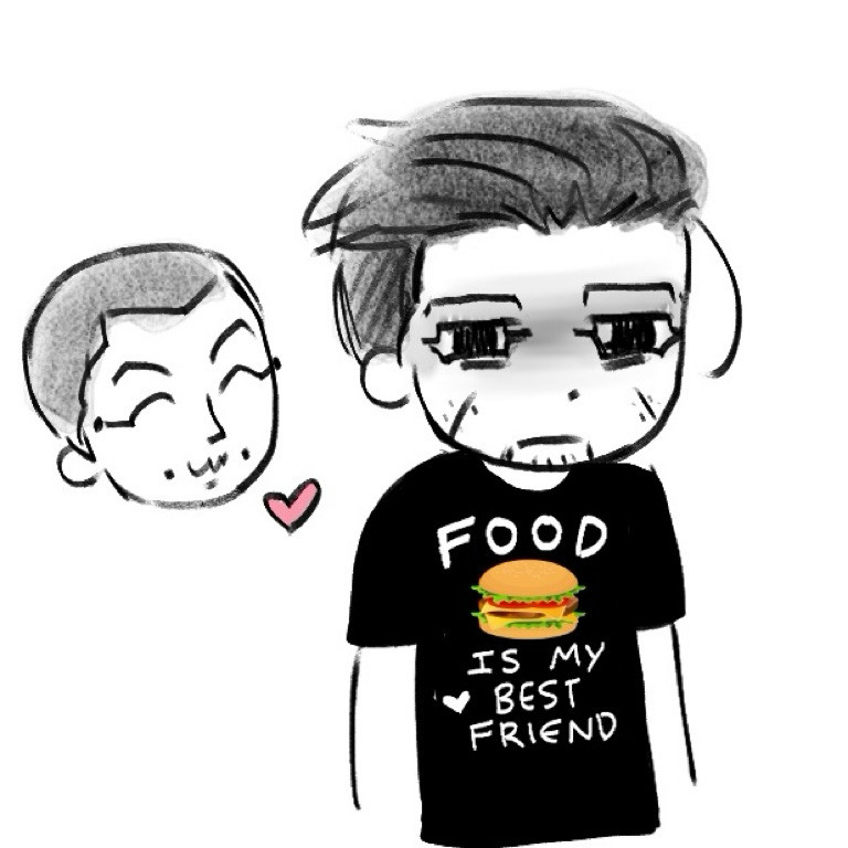 Ogata from Golden Kamuy wearing a corny t-shirt that says “food is my best friend”. his expression looks blank with a faraway resigned stare. Usami is in the back behind him smiling sweetly with a heart. The implication is that Usami bought him the shirt.