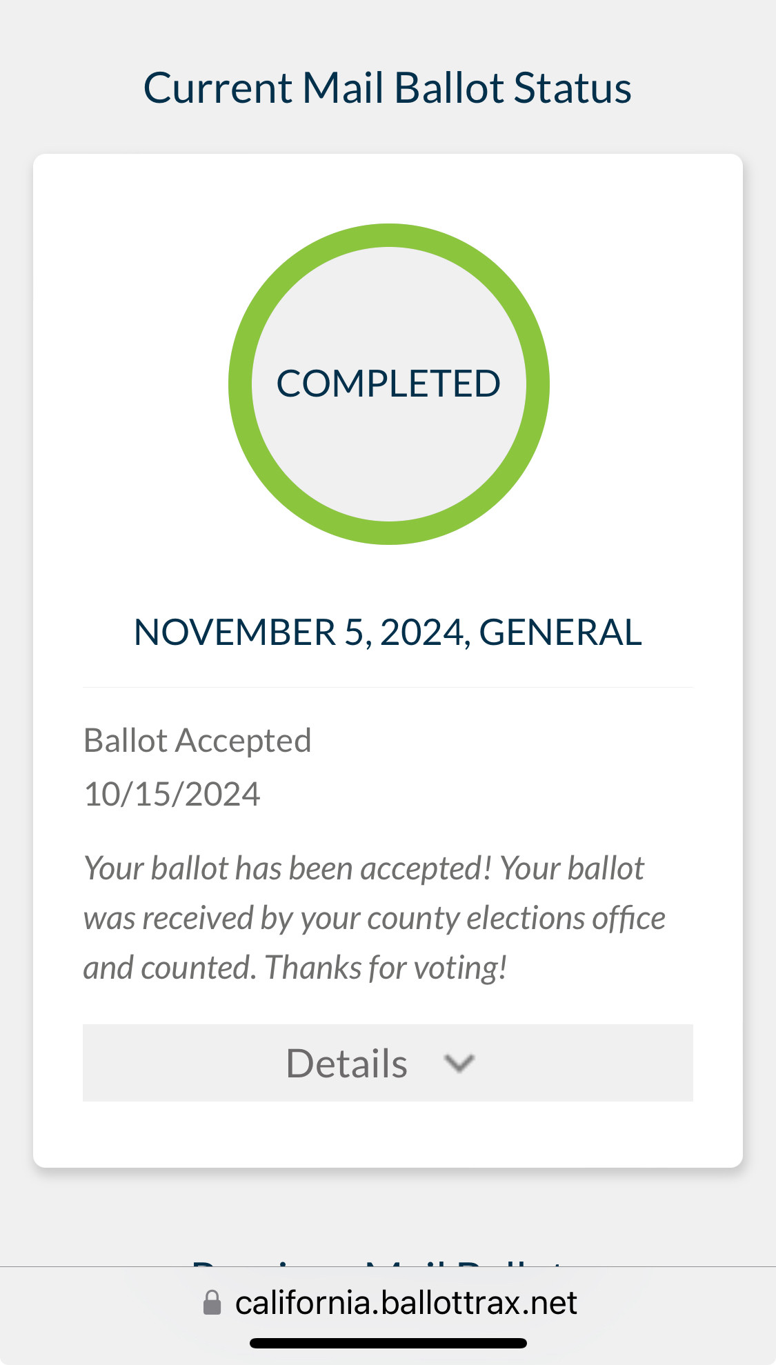 Screen shot from ballottrax showing my ballot has been accepted