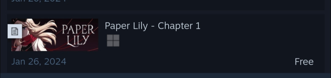 Steam game called "Paper Lily - Chapter 1." Labeled as Free.