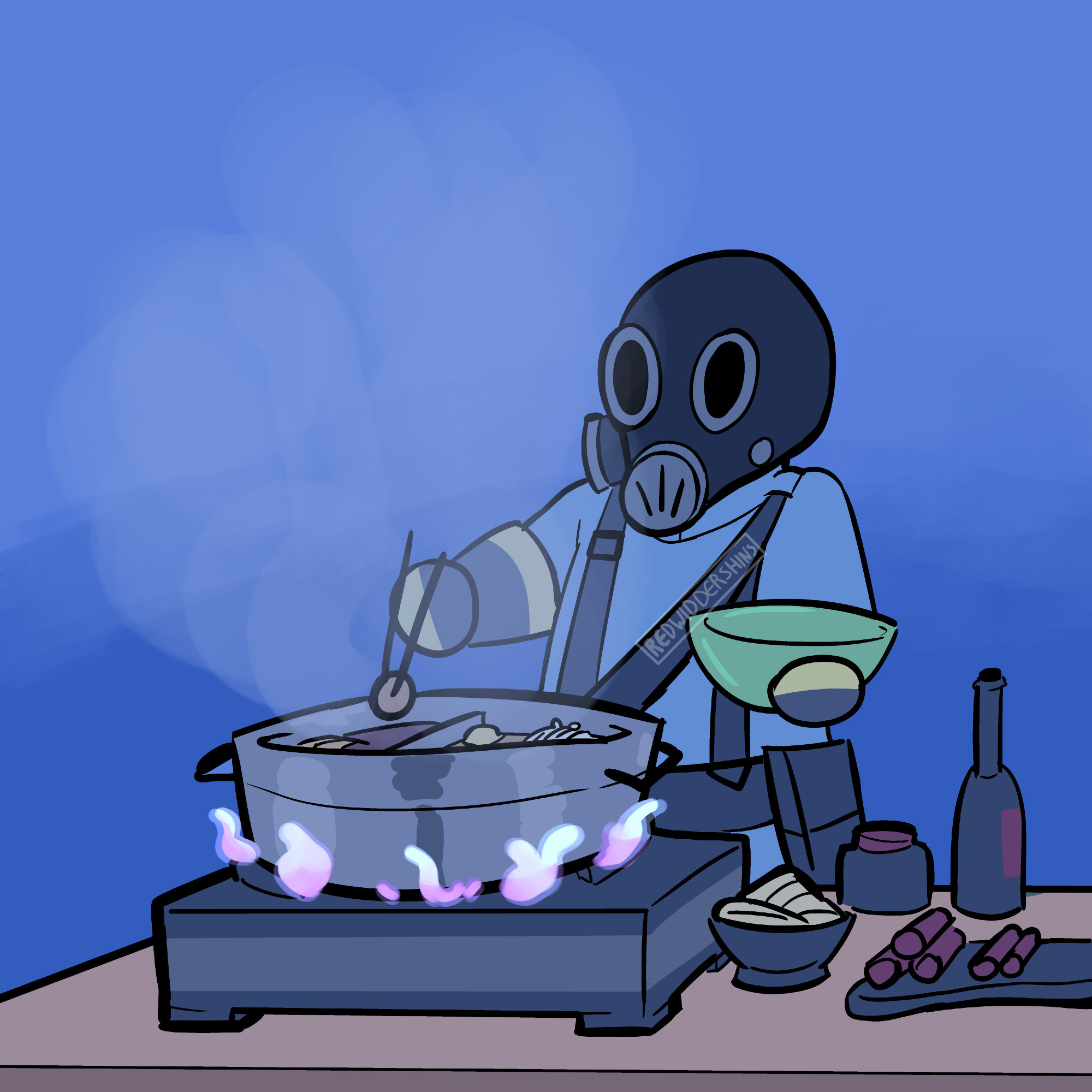 Image Description: A digital illustration of BLU Pyro with chopsticks as they eat hotpot. A few ingredients are seen scattered around the mini gas stove.