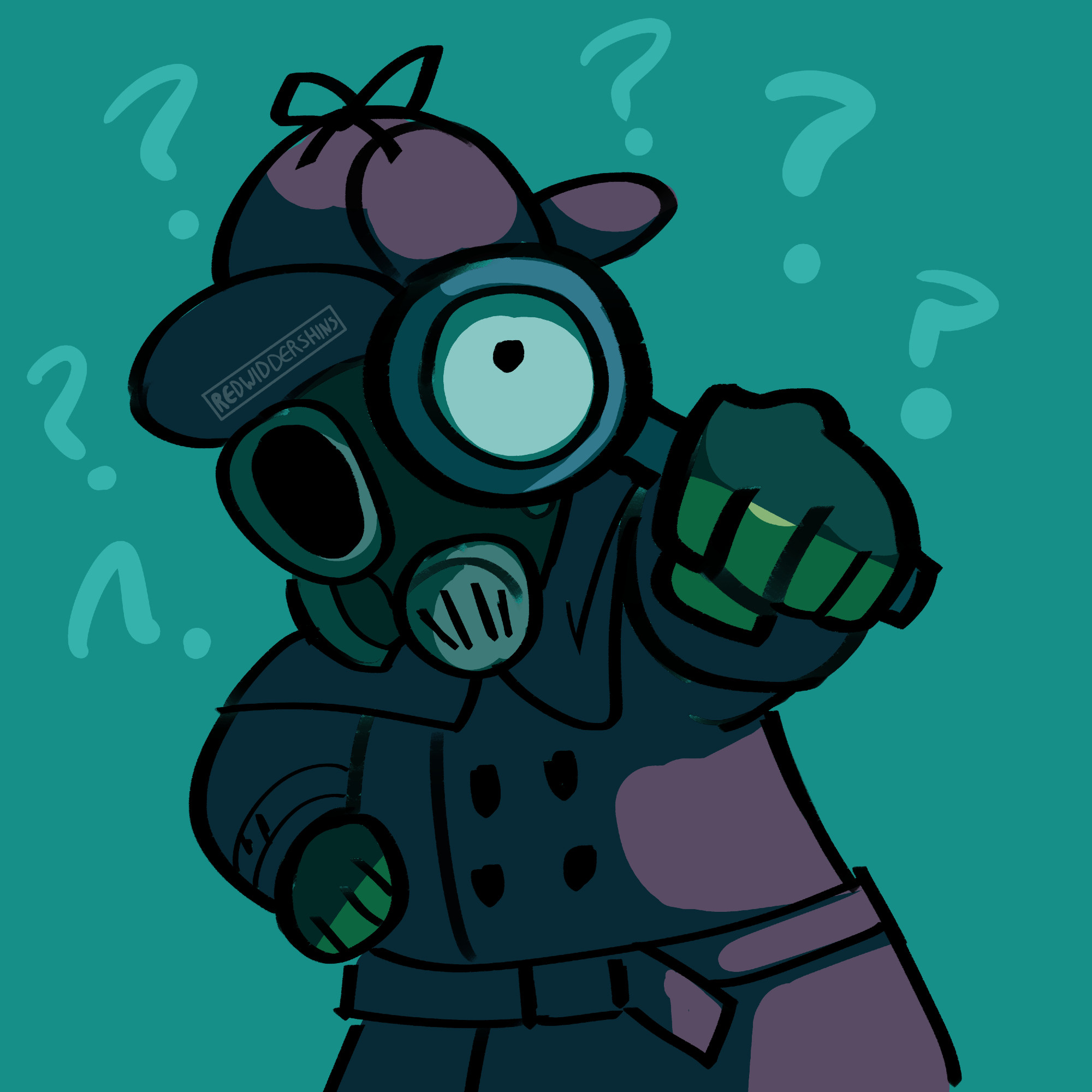 Image Description: An overall teal digital illustration of a RED Pyro wearing a stereotypical detective outfit consisting of a deerstalker and an Inverness cape. They're holding up a magnifying glass to their eye as multiple question marks float around their head.