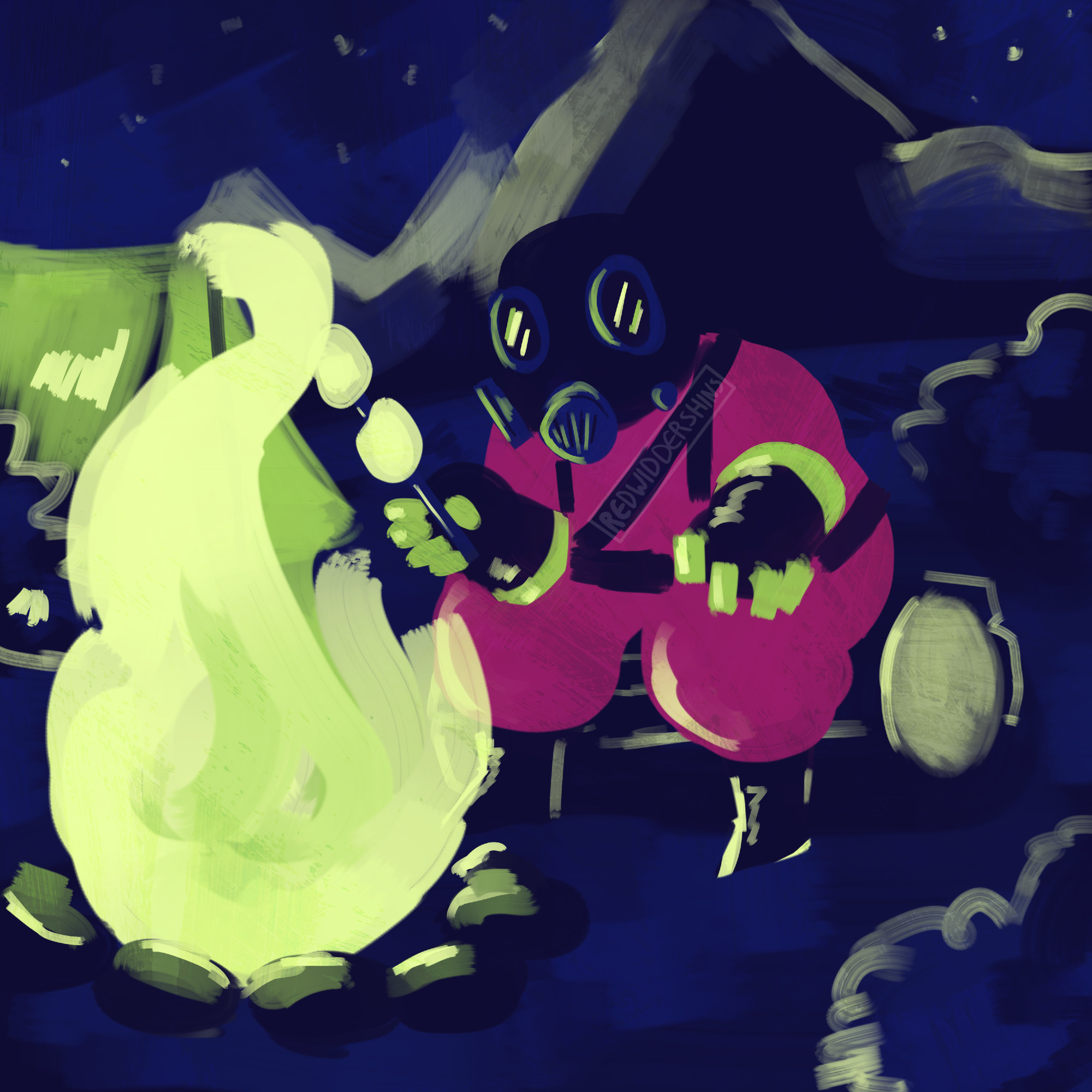 Image Description: A lineless digital illustration of RED Pyro sitting on a log and roasting marshmallows over a campfire. There's a tent nearby and mountains in the background. The piece uses a limited colour palette of green and purple hues.